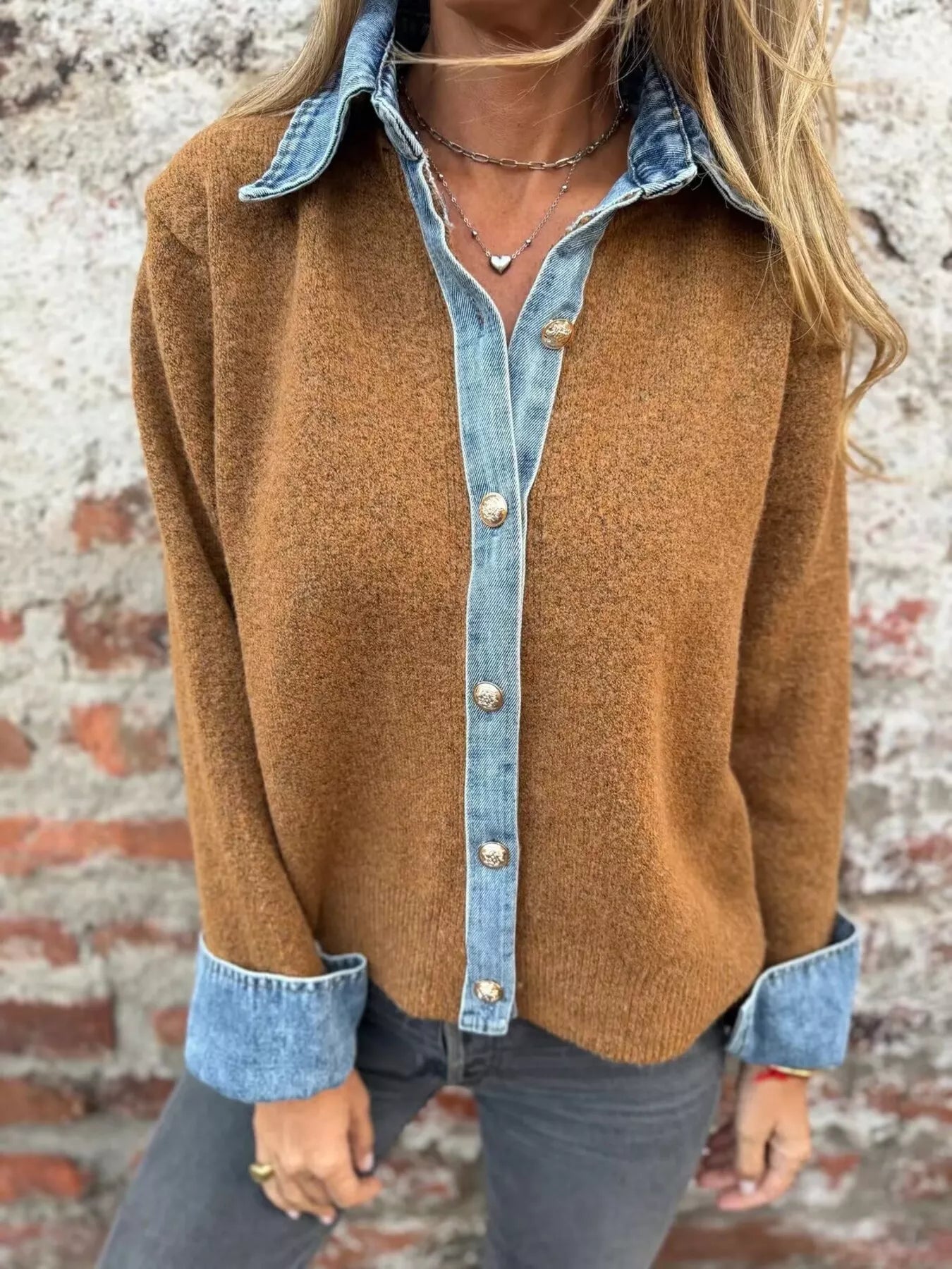 Trendsi Contrast Denim Trimmed Sweater Cardigan -