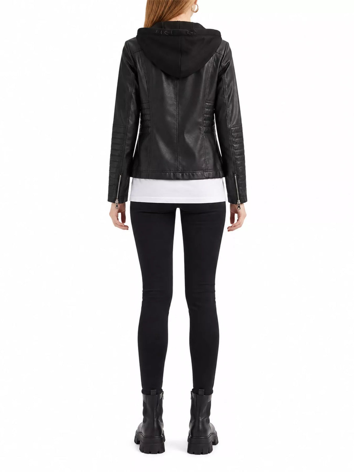 Hooded faux-leather jacket, black back