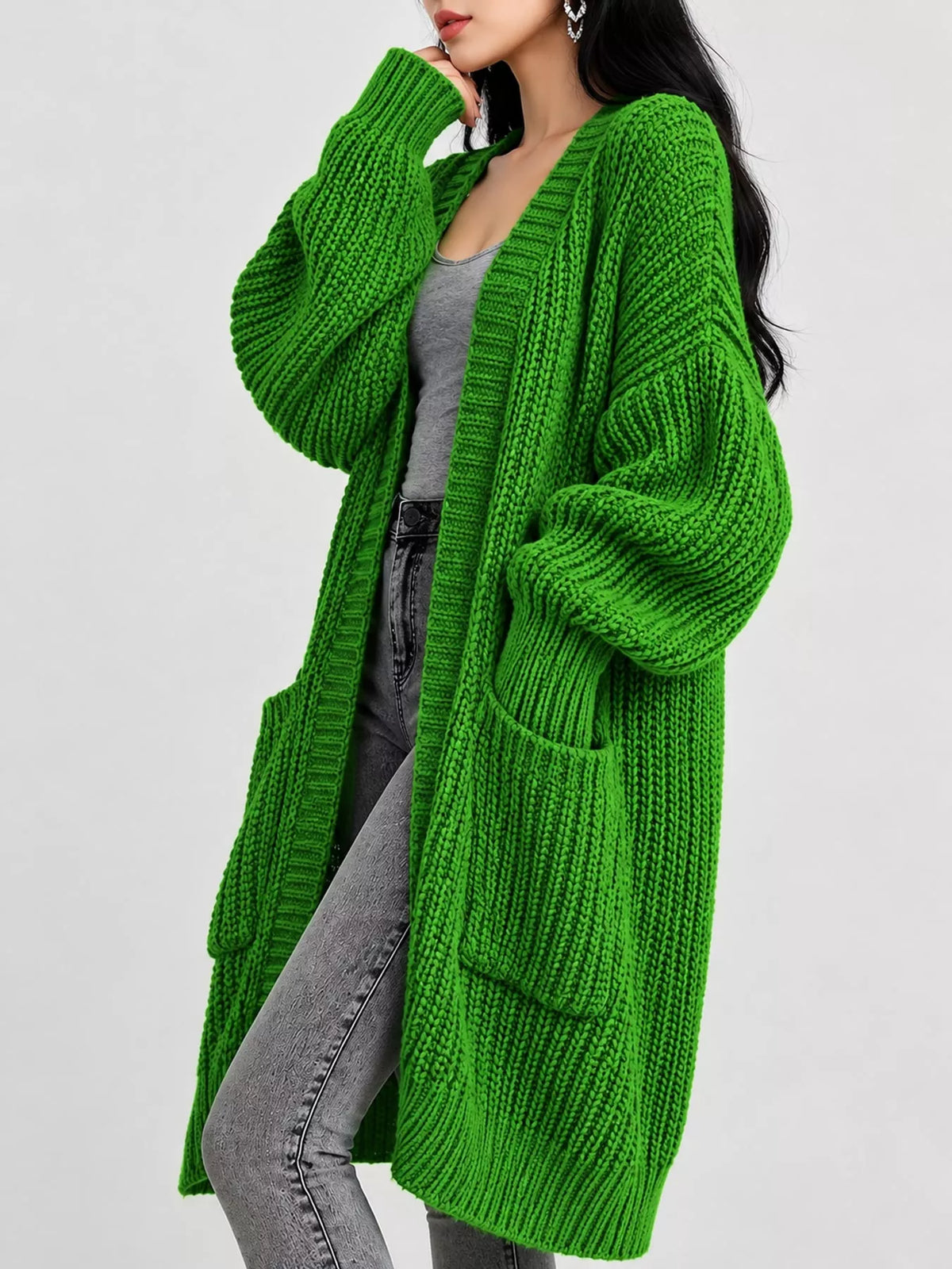 Longline knit cardigan, green side