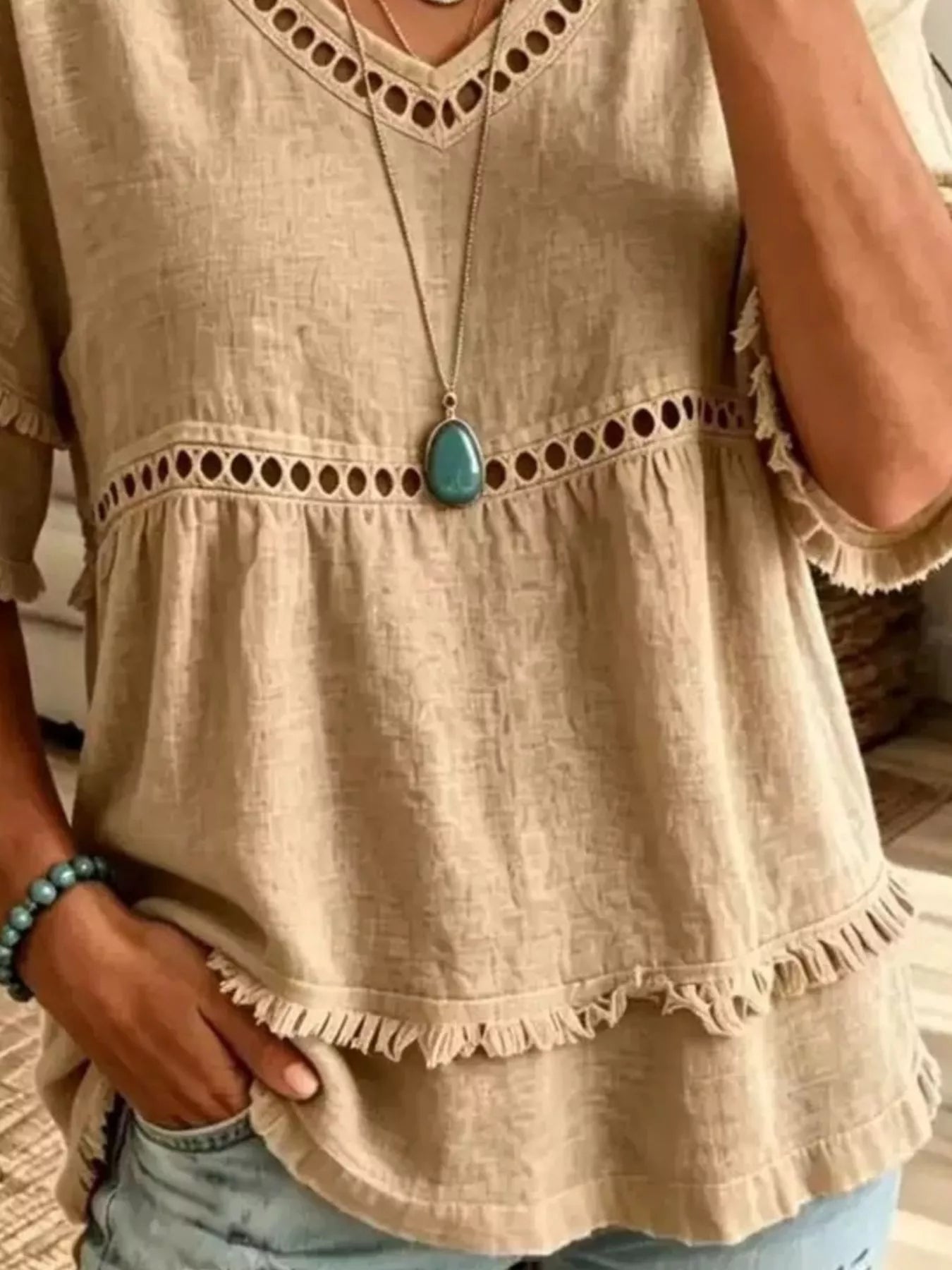 Trendsi Eyelet V-Neck Frayed Edge T-Shirt -