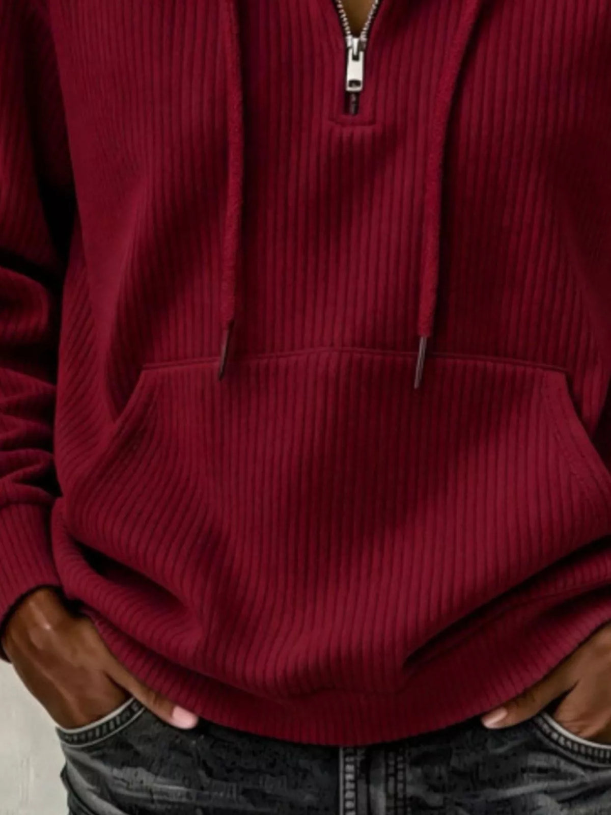 Ribbed Knit Quarter-Zip Hoodie, pocket detail