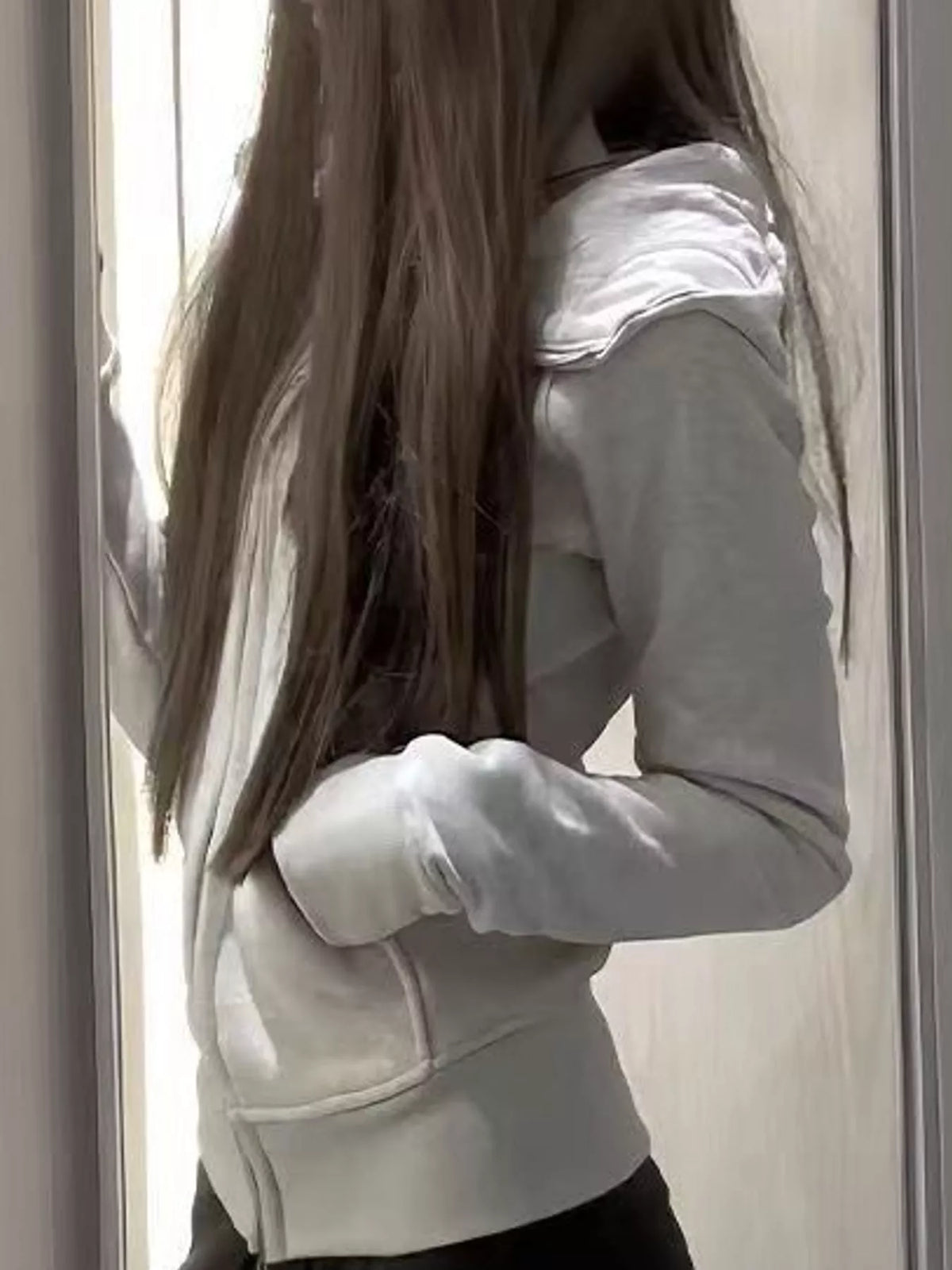 Gray slim fit full zip hoodie, side view