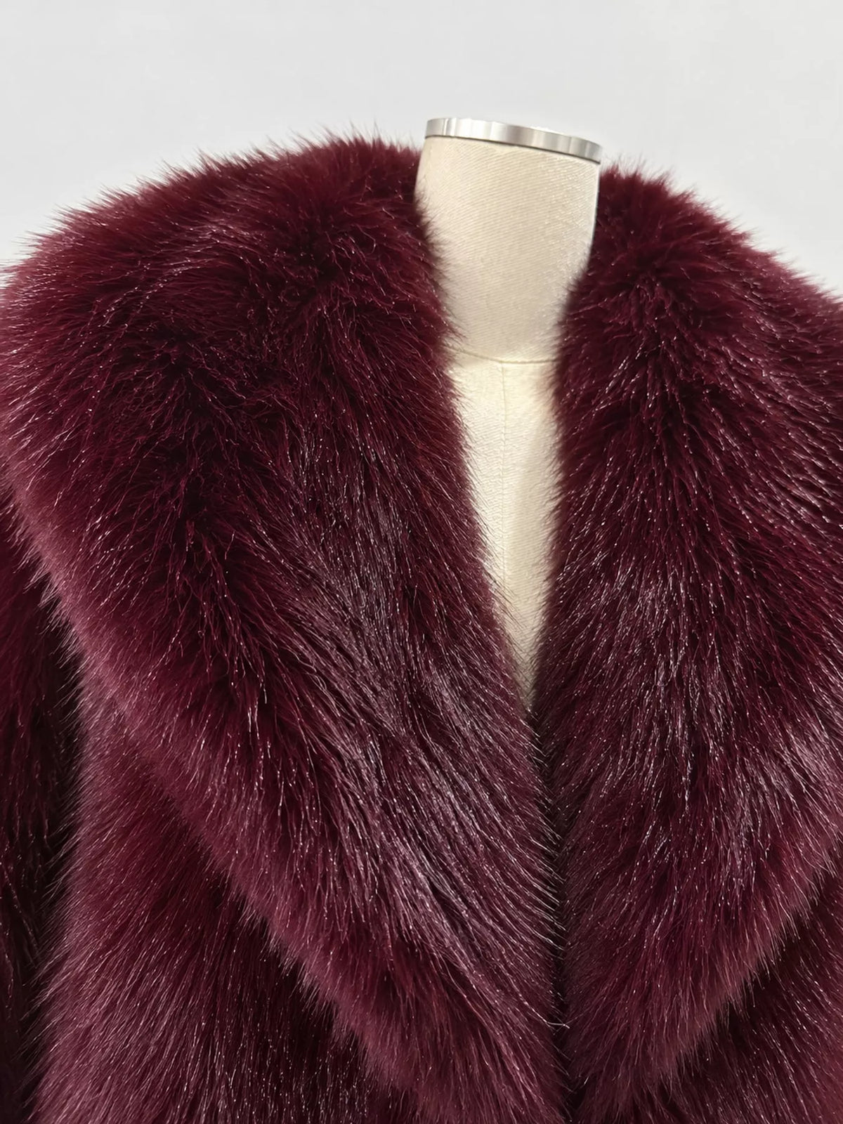 Faux Fur Cropped Coat, detail view in burgundy