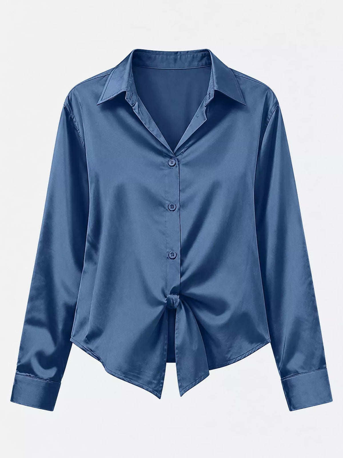 Navy satin button-down long sleeve shirt