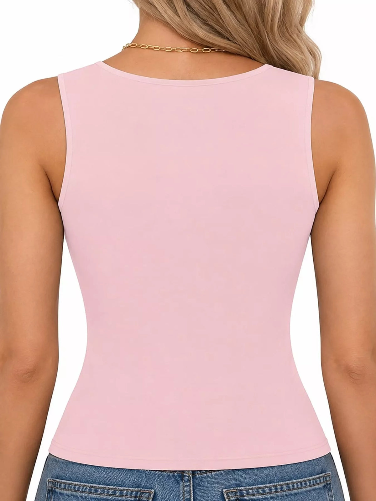 Pink square-neck tank, back view