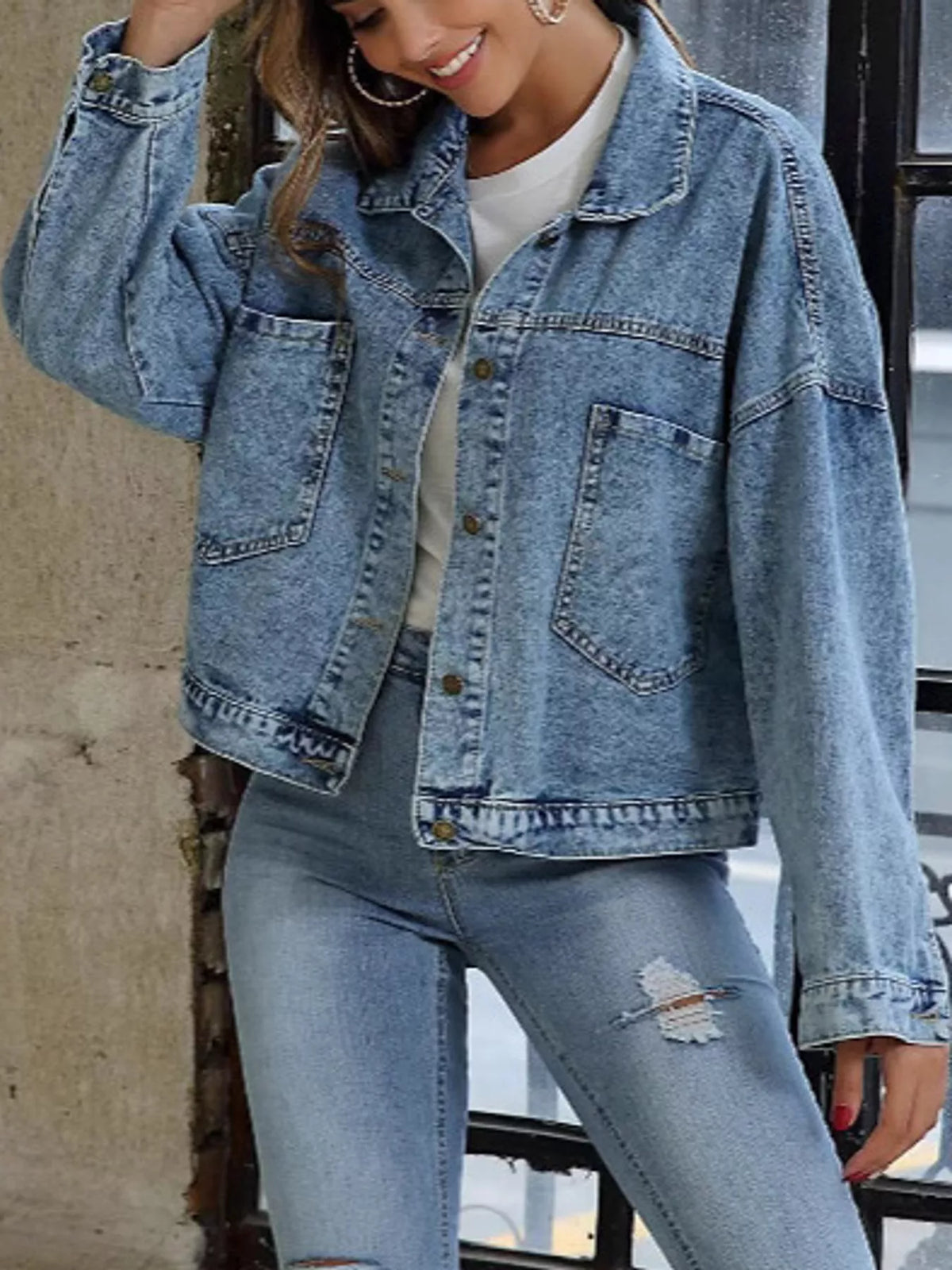 Blue button-up dropped shoulder denim jacket — front view