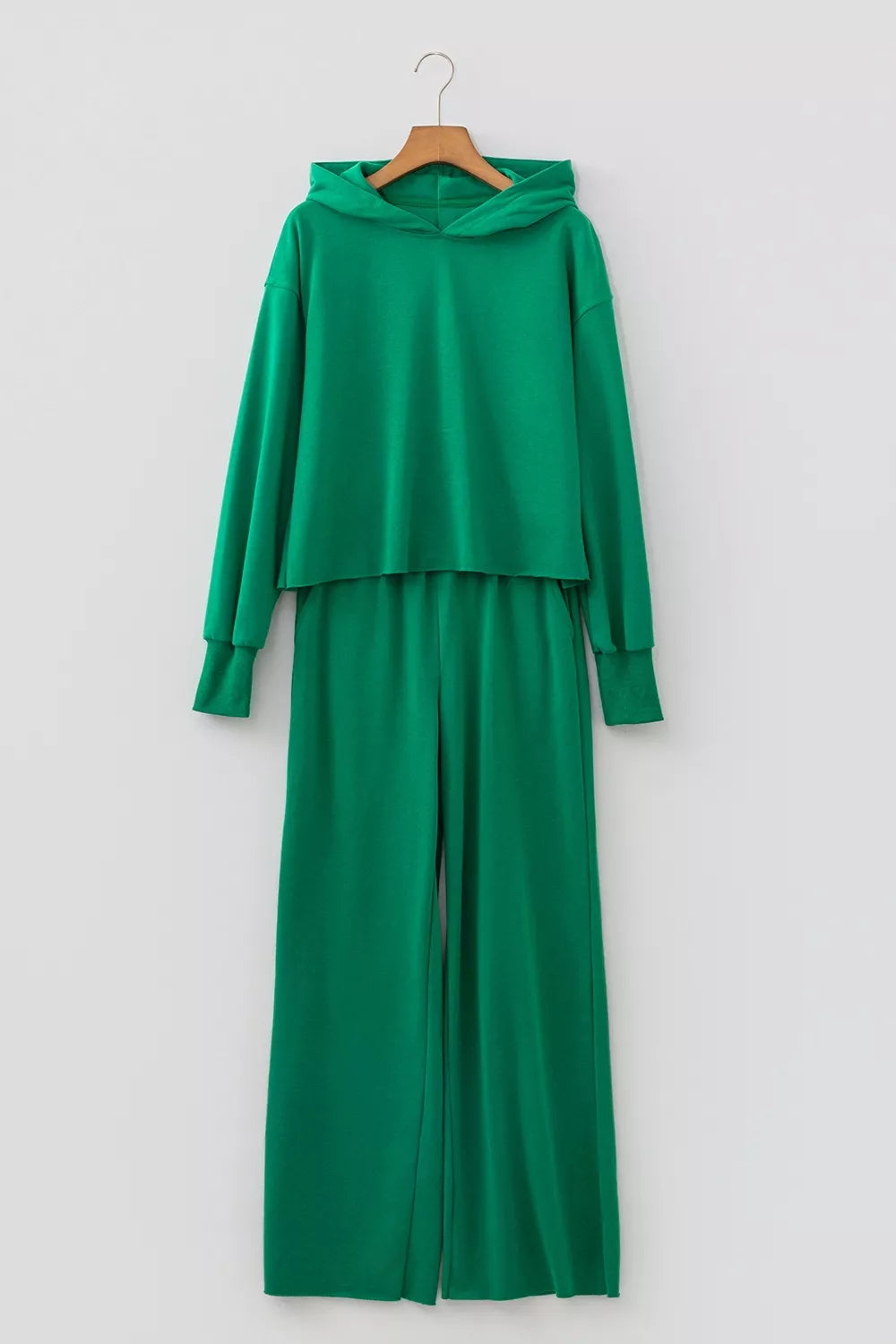 Green hooded top and wide-leg pants set, front on hangers