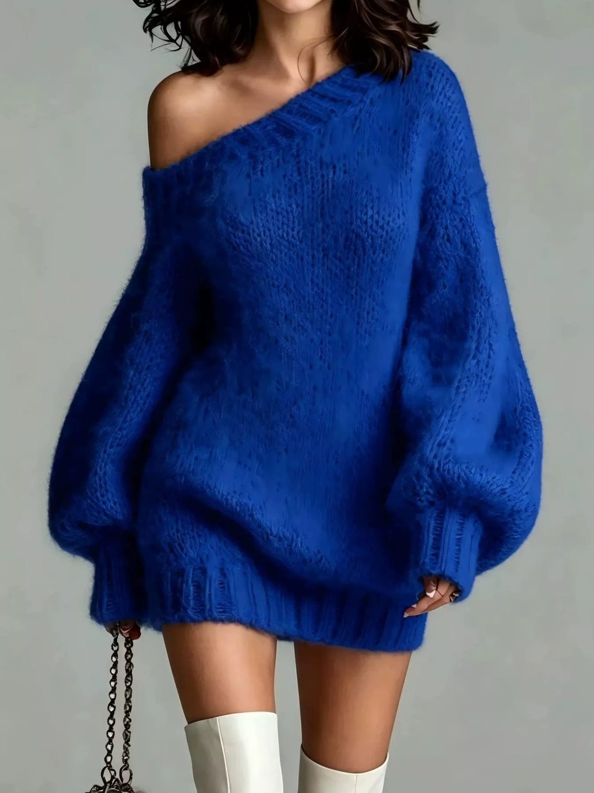 Navy one shoulder mini sweater dress
