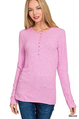 Trendsi Zenana Ribbed Long Sleeve Half Button Top -