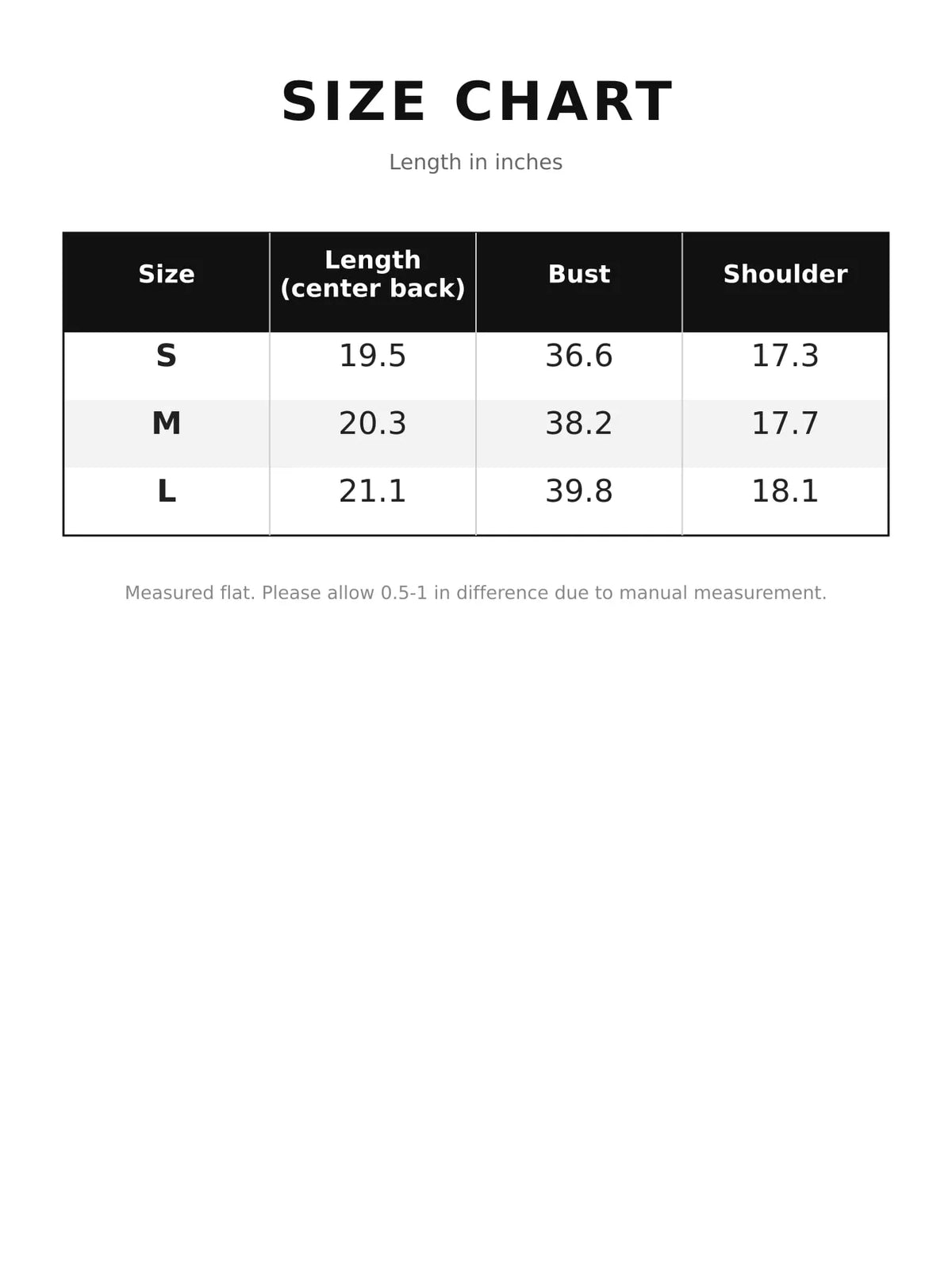 Size chart for high-neck jacket