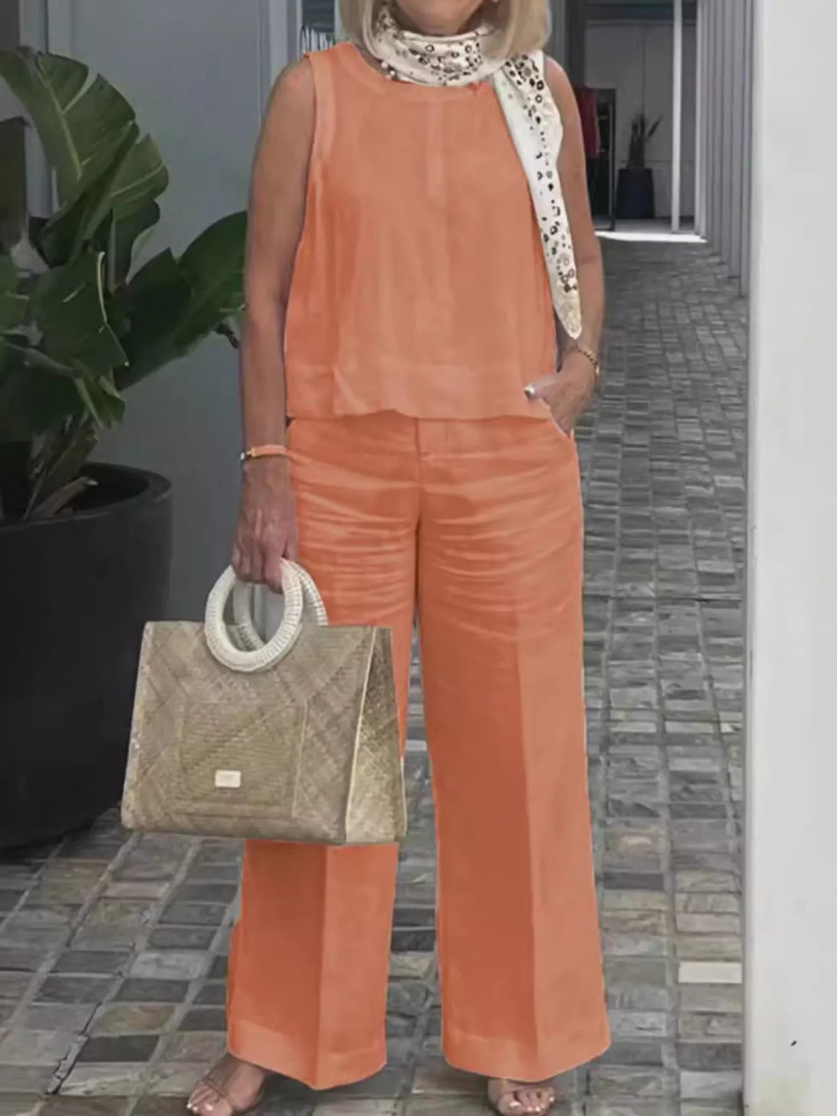 Sleeveless Top and Wide-Leg Pants Set — front view