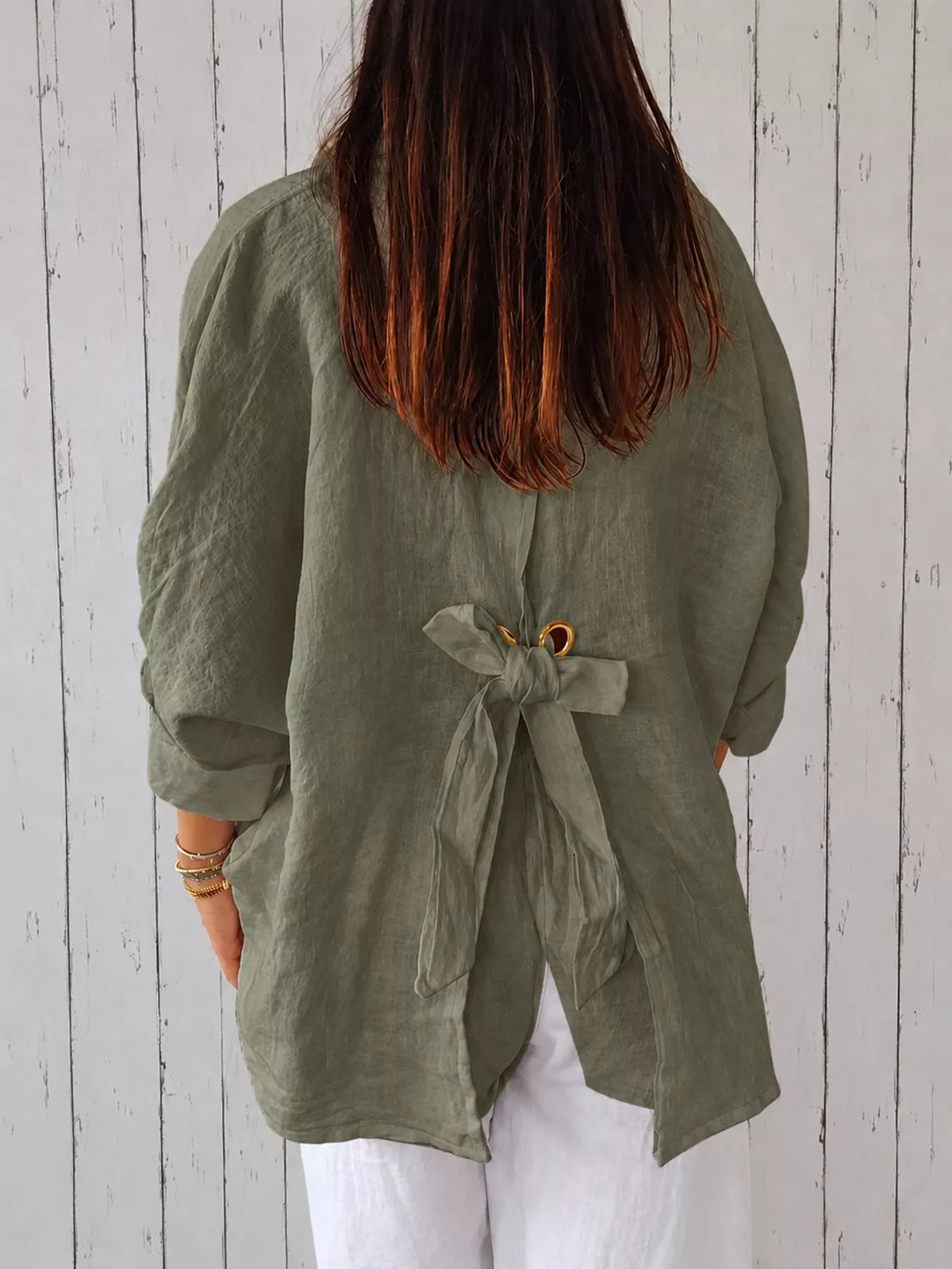 Army Green loose fit tie back shirt, back view