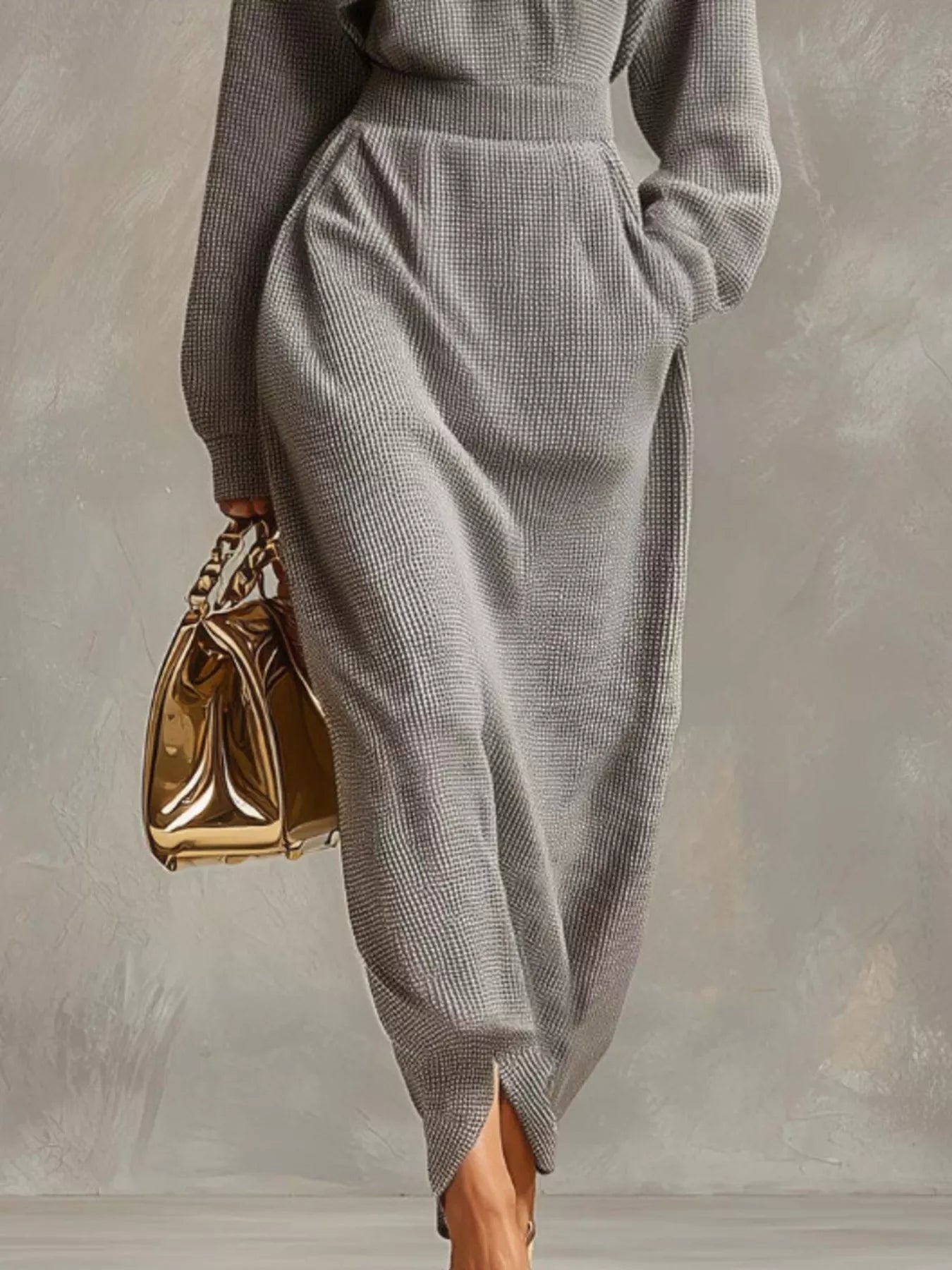 Trendsi Waffle Knit Quarter-Zip Midi Dress -