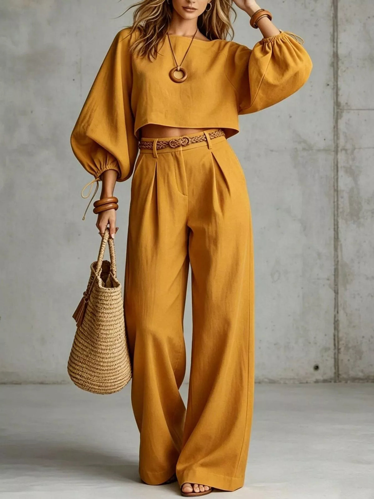 Cropped blouse and pants set, mustard set front