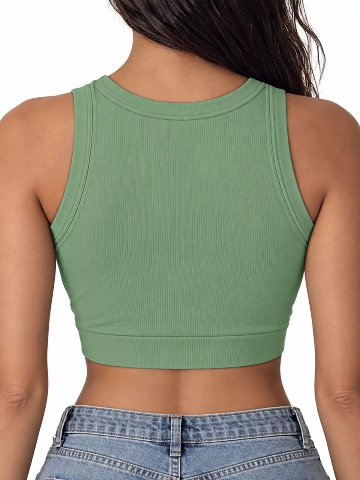 Green ribbed knit slim fit tank top, back view