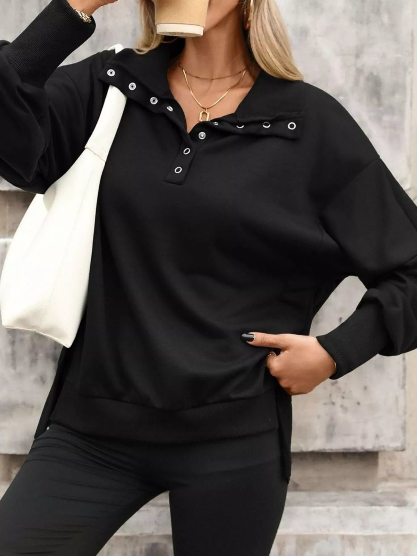 Women's side-slit half-snap sweatshirt