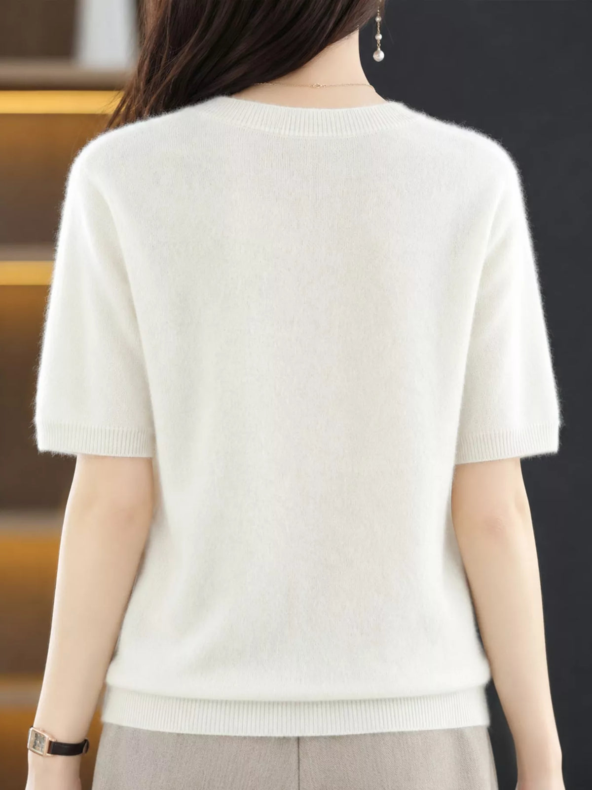 Ivory round neck short-sleeve sweater, back view