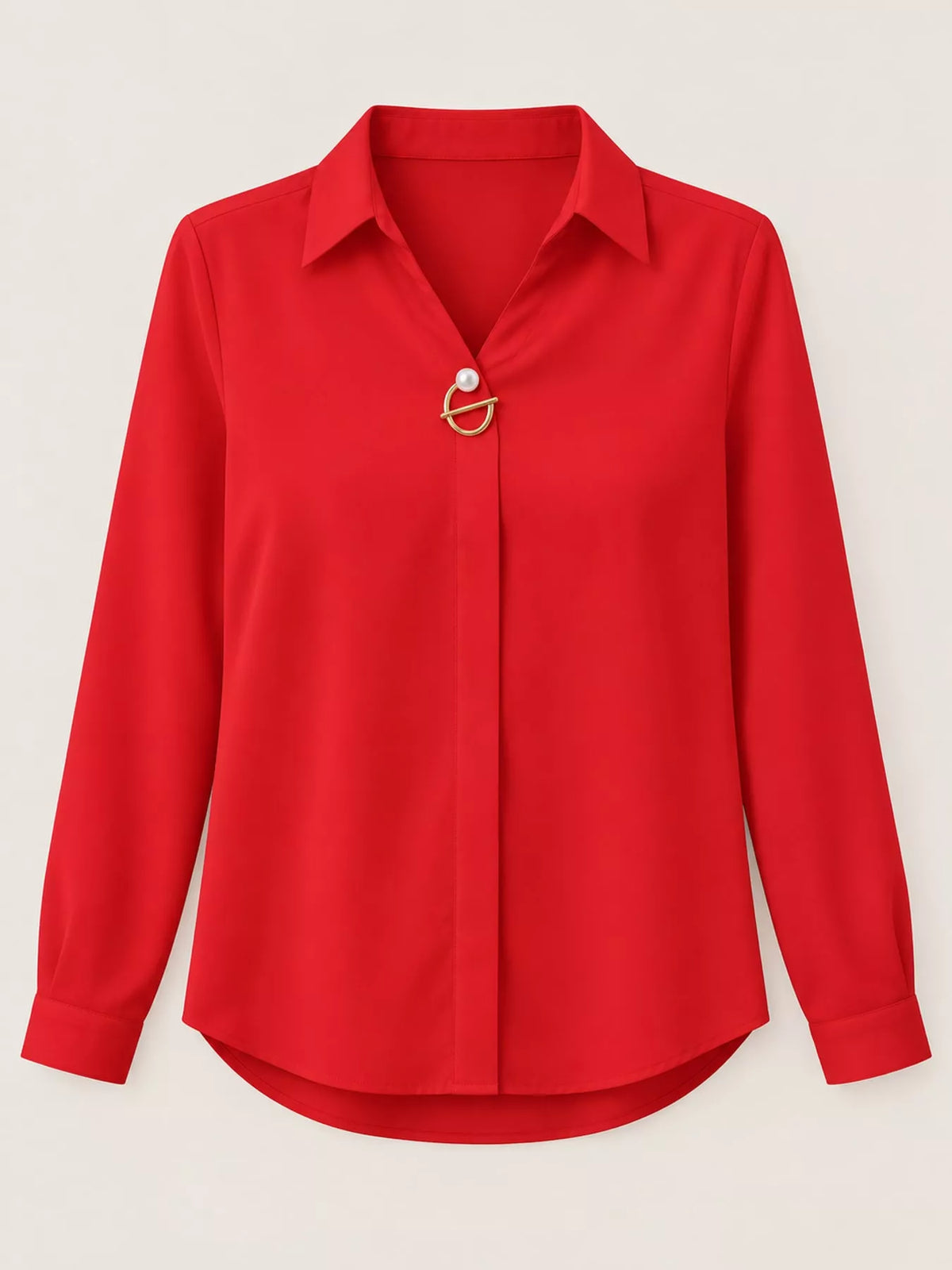 Women's Collared Clasp Detail Long Sleeve Satin Blouse in red — flat lay view