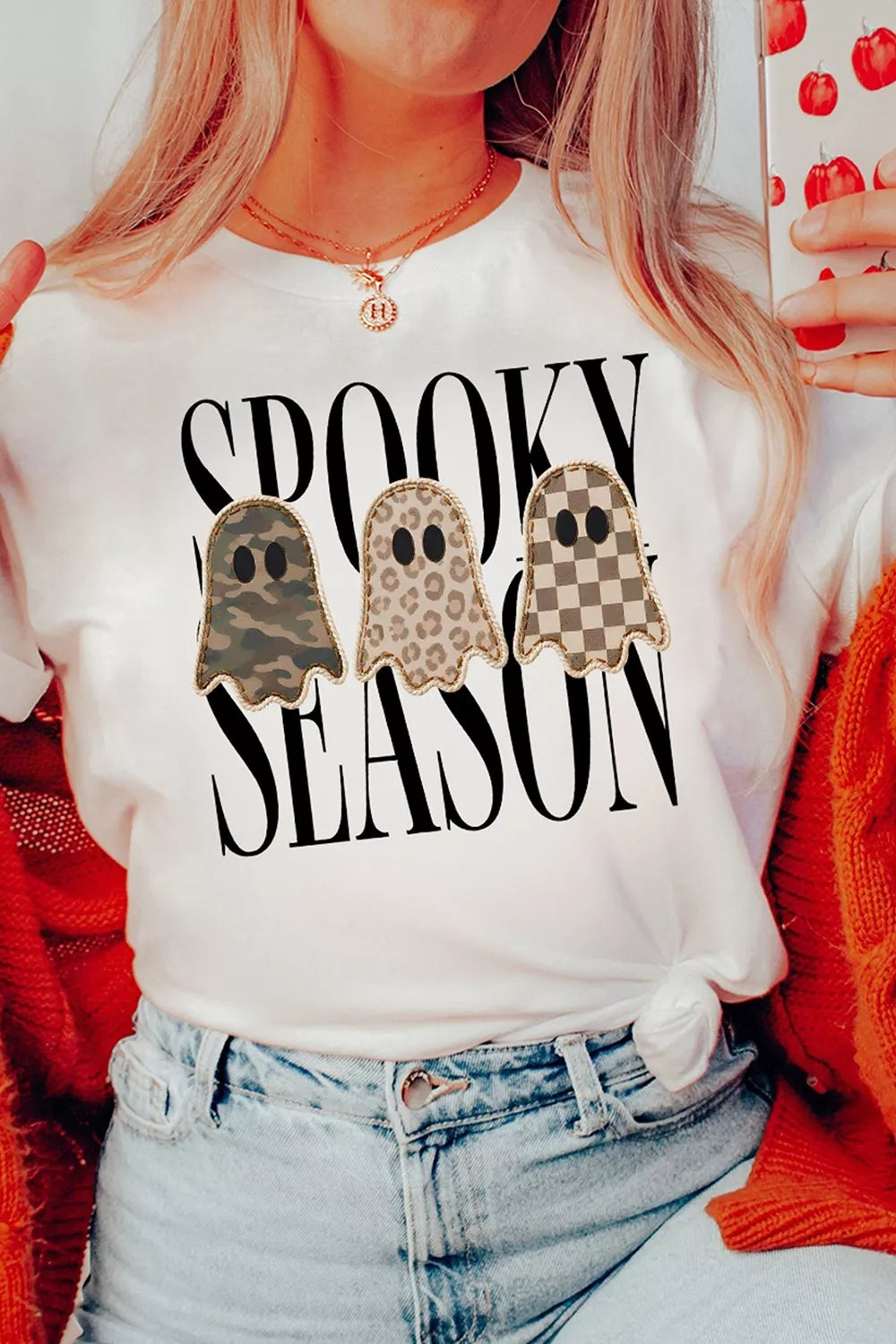 Women's white spooky ghost graphic Halloween short sleeve T-shirt