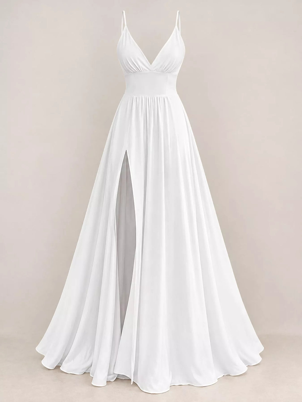 White sleeveless high slit maxi dress, front view