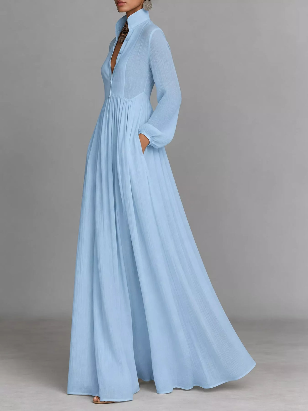 Light blue long sleeve button-front maxi dress