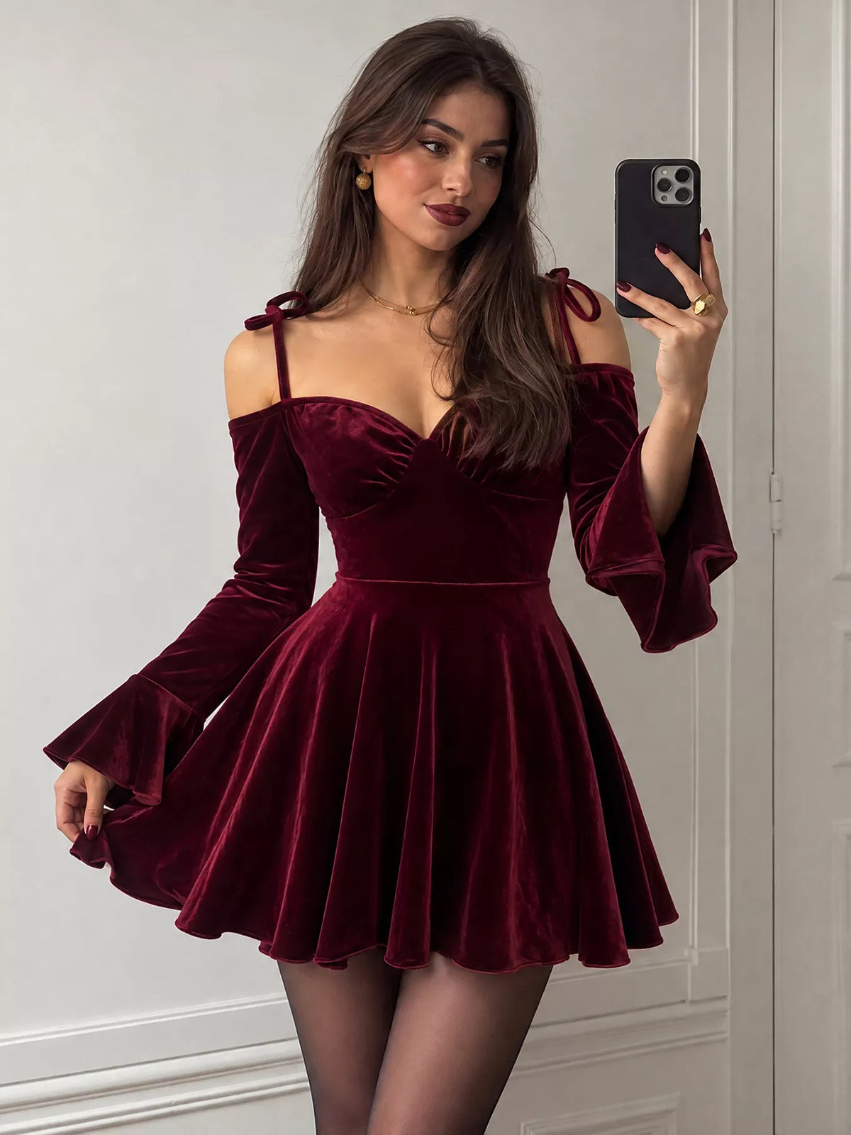 Velvet Tie-Shoulder Bell Sleeve Mini Dress — front view