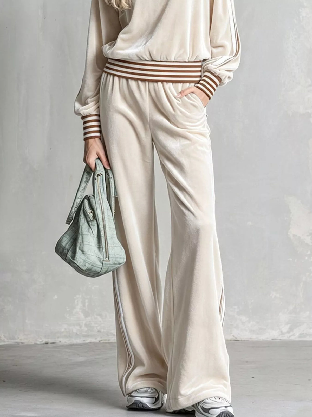 Cream striped half-zip top and pants set, pants detail