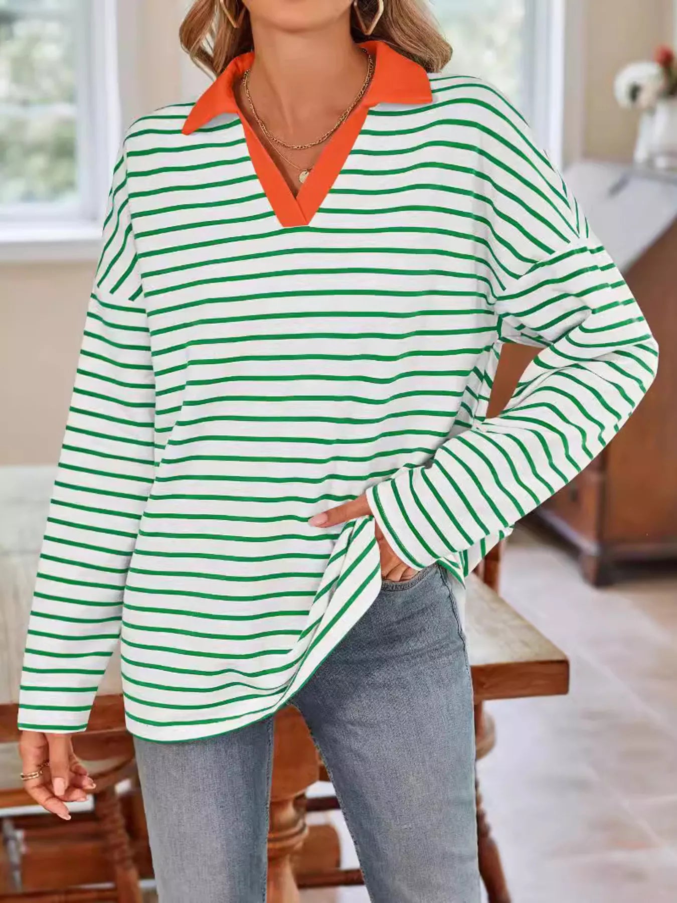 Trendsi Oversized Striped Johnny Collar T-Shirt -