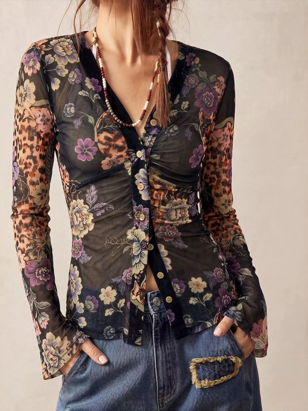 Women's Printed Flare Sleeve Button Down Top in Leopard, front view