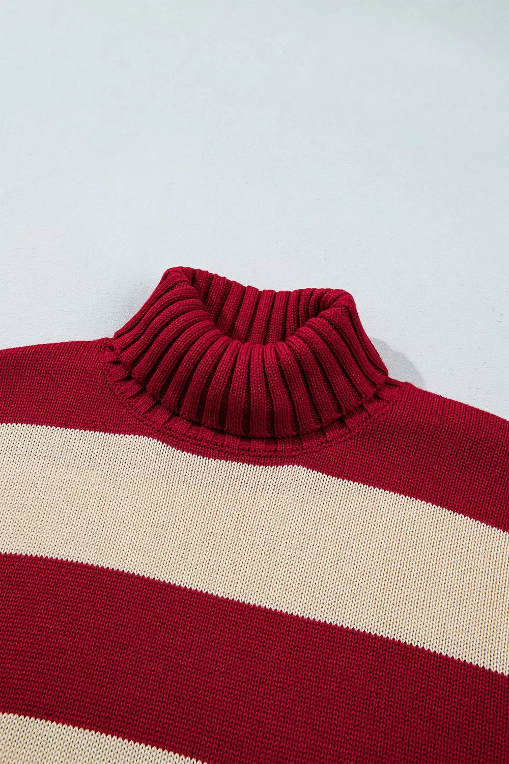 Striped High Neck Ribbed Trim Sweater in red and cream, neckline detail