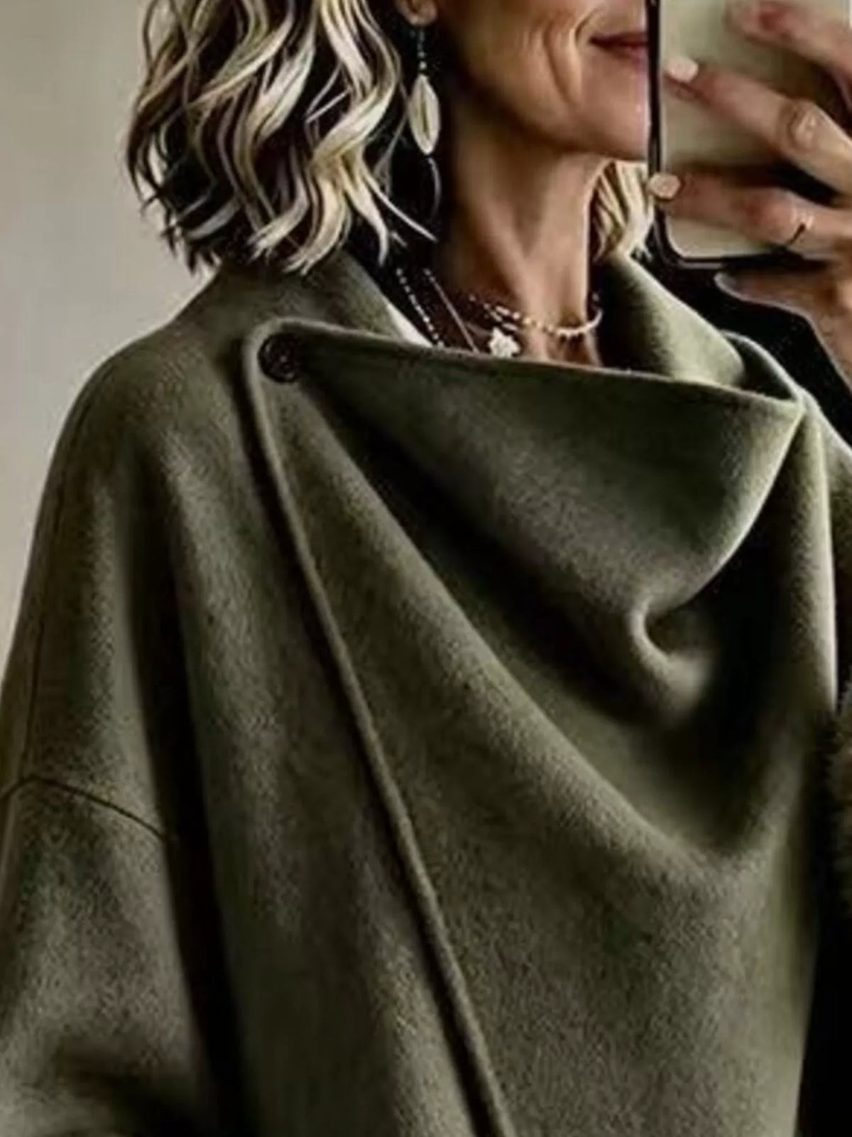 Asymmetric Buttoned Jacket with Faux Fur Cuffs, neckline detail