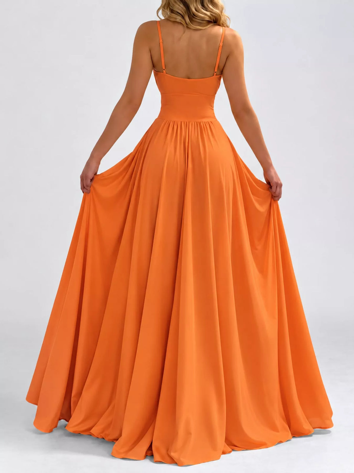 Orange sleeveless high slit maxi dress, back view