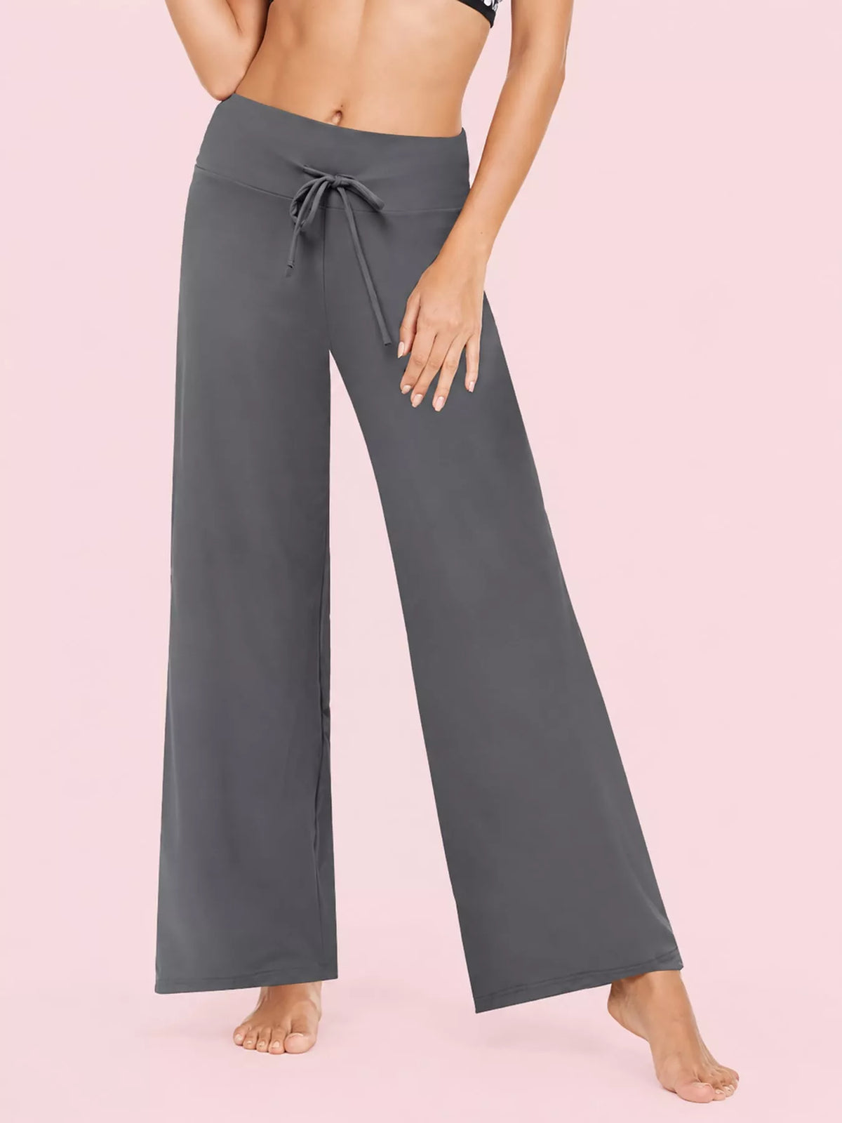 Gray drawstring wide-leg pants — front view