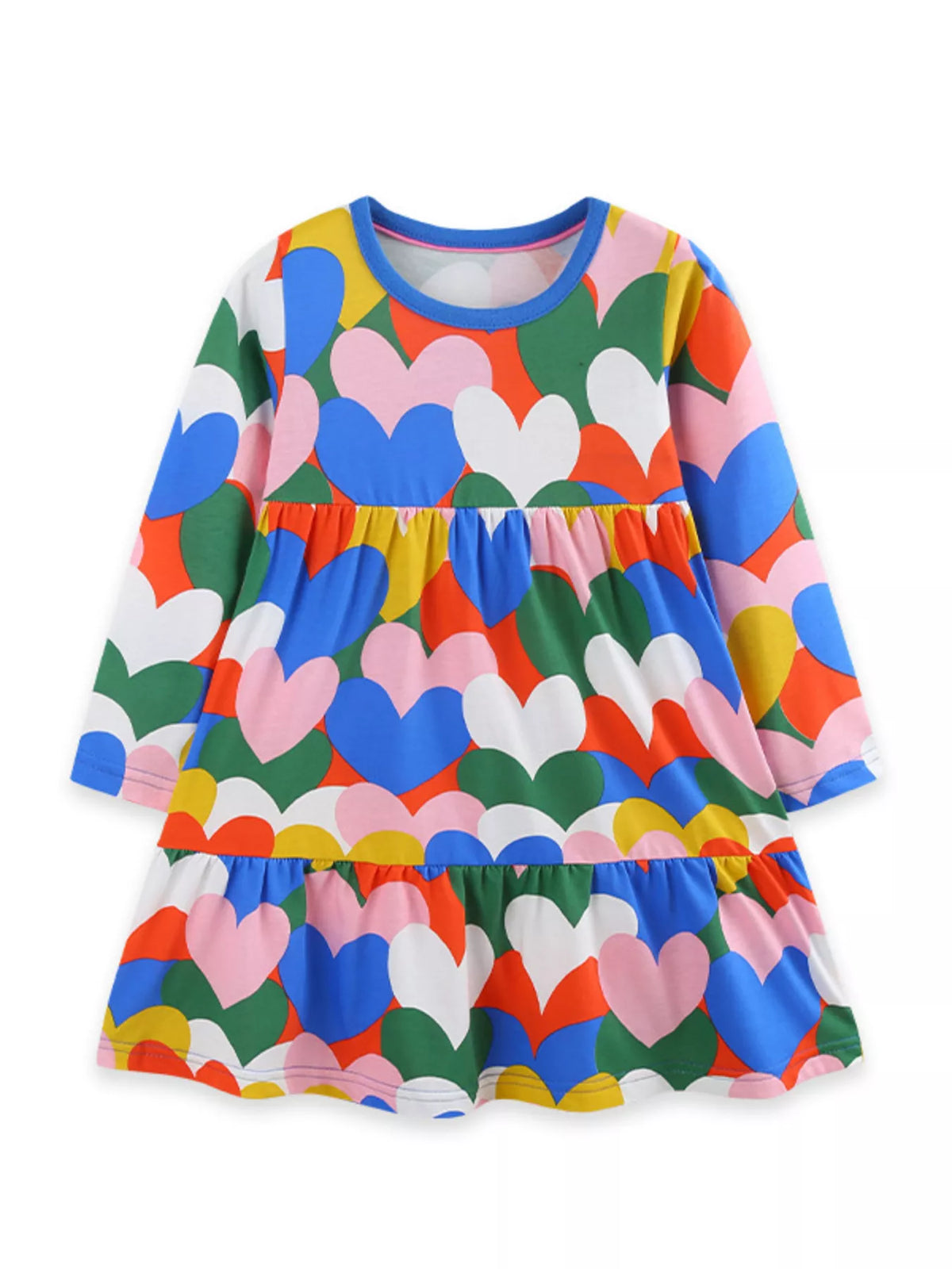 Multicolor children's heart print long sleeve tiered dress, product view