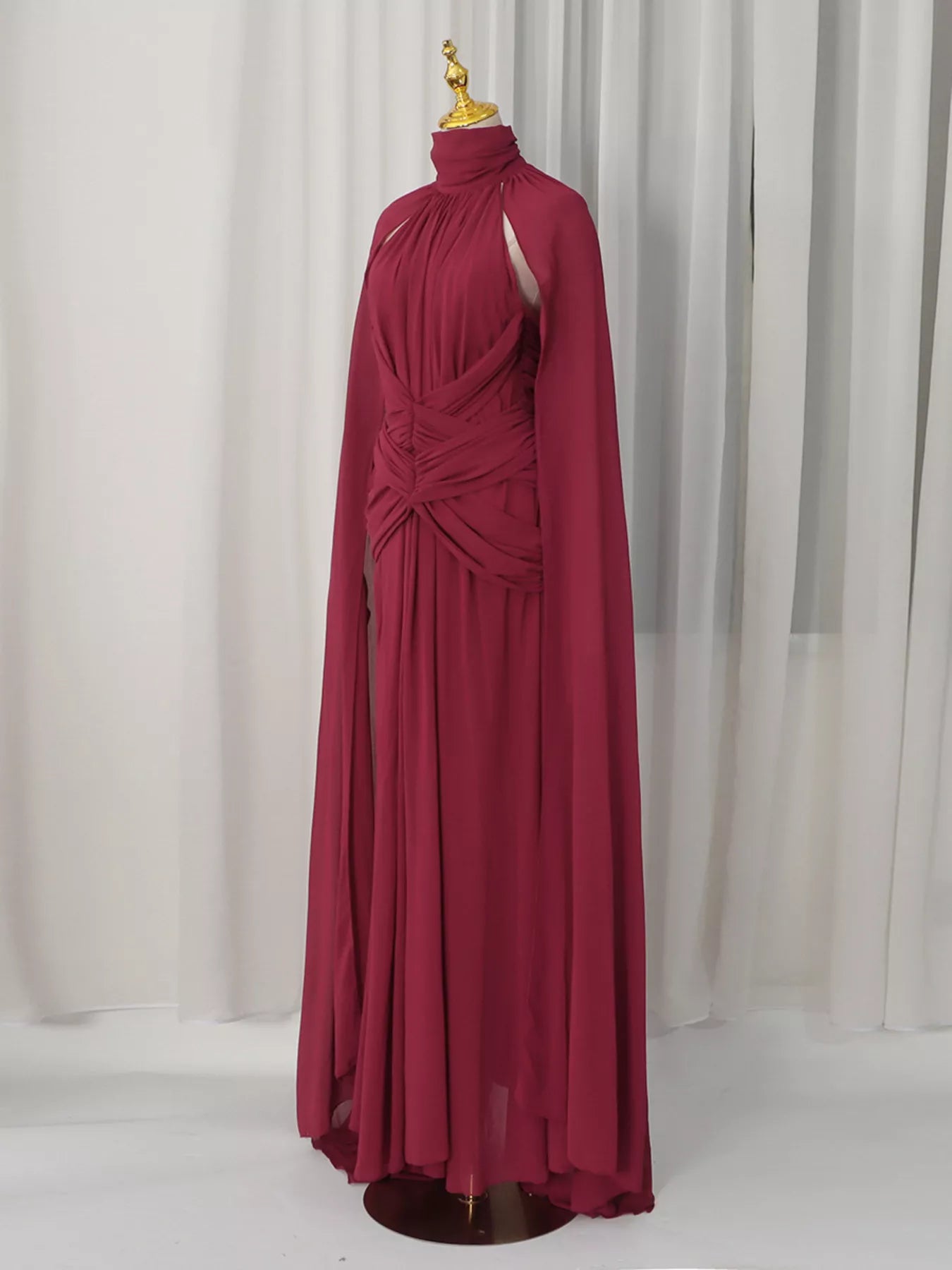 Trendsi Ruched Halter Neck Cape Maxi Dress -