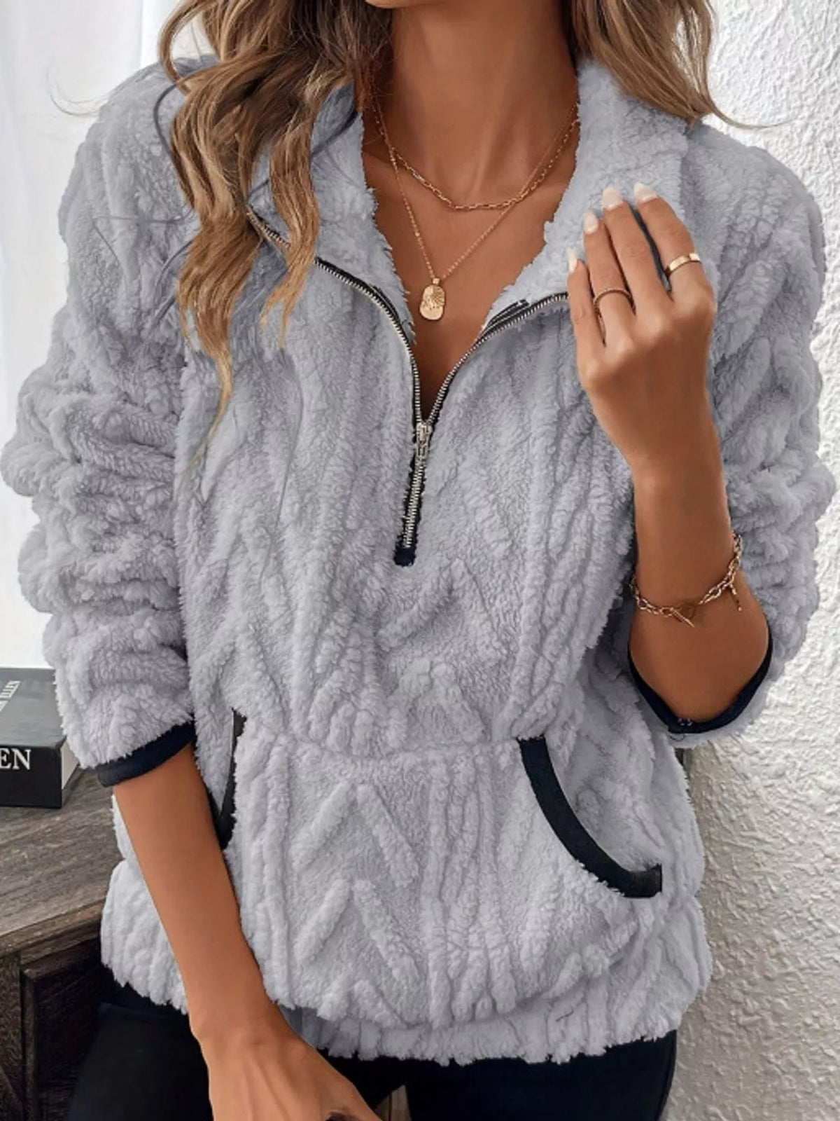 Women's Quarter-Zip Sherpa Sweatshirt in gray — front view