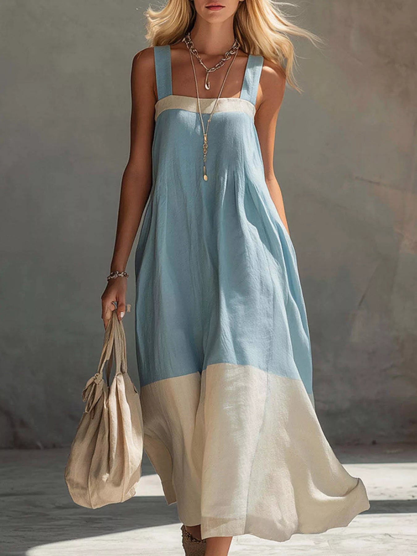 Trendsi Color-Block Sleeveless Linen-Blend Midi Dress -