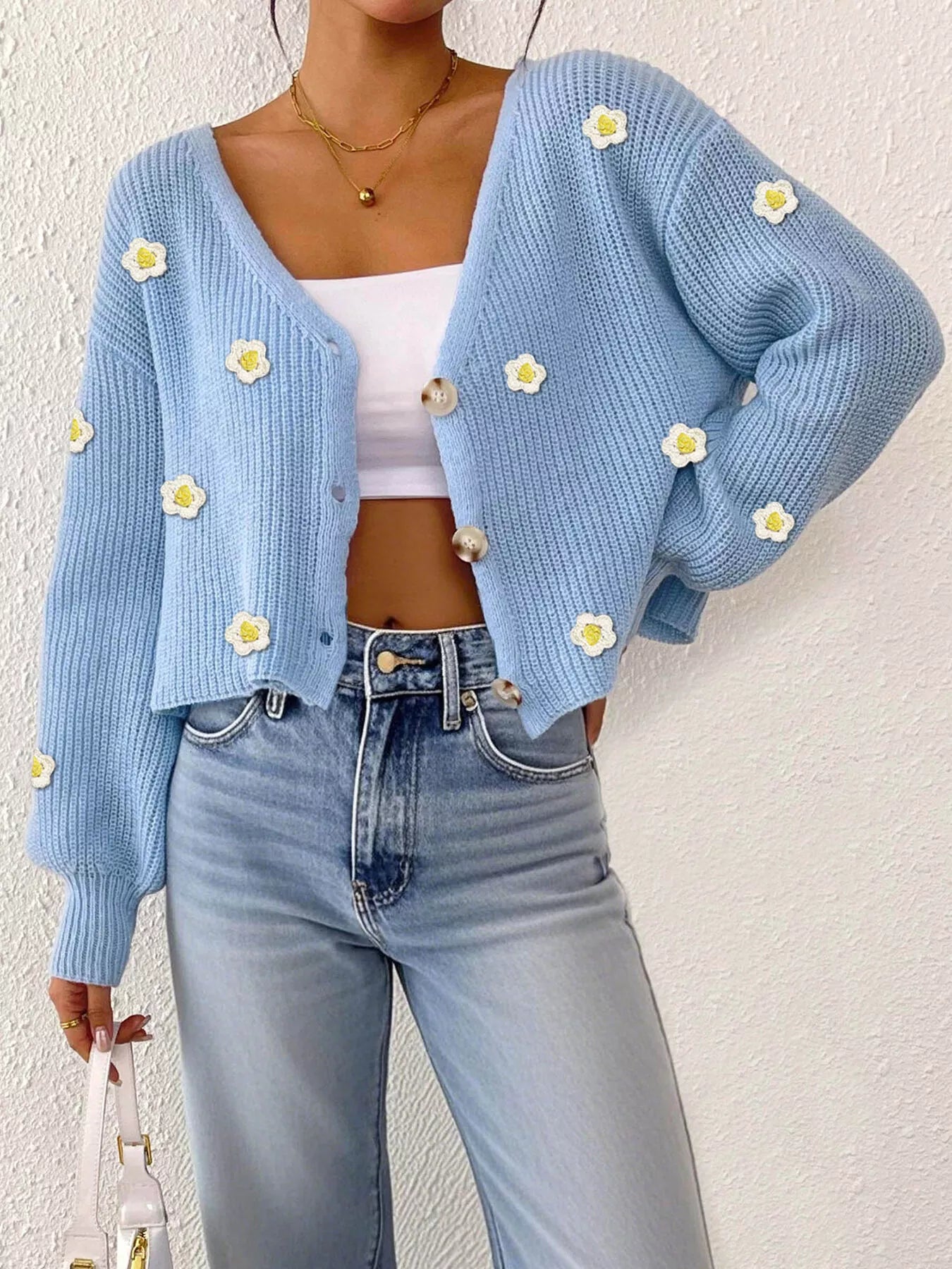 Floral V-neck button-down cropped cardigan
