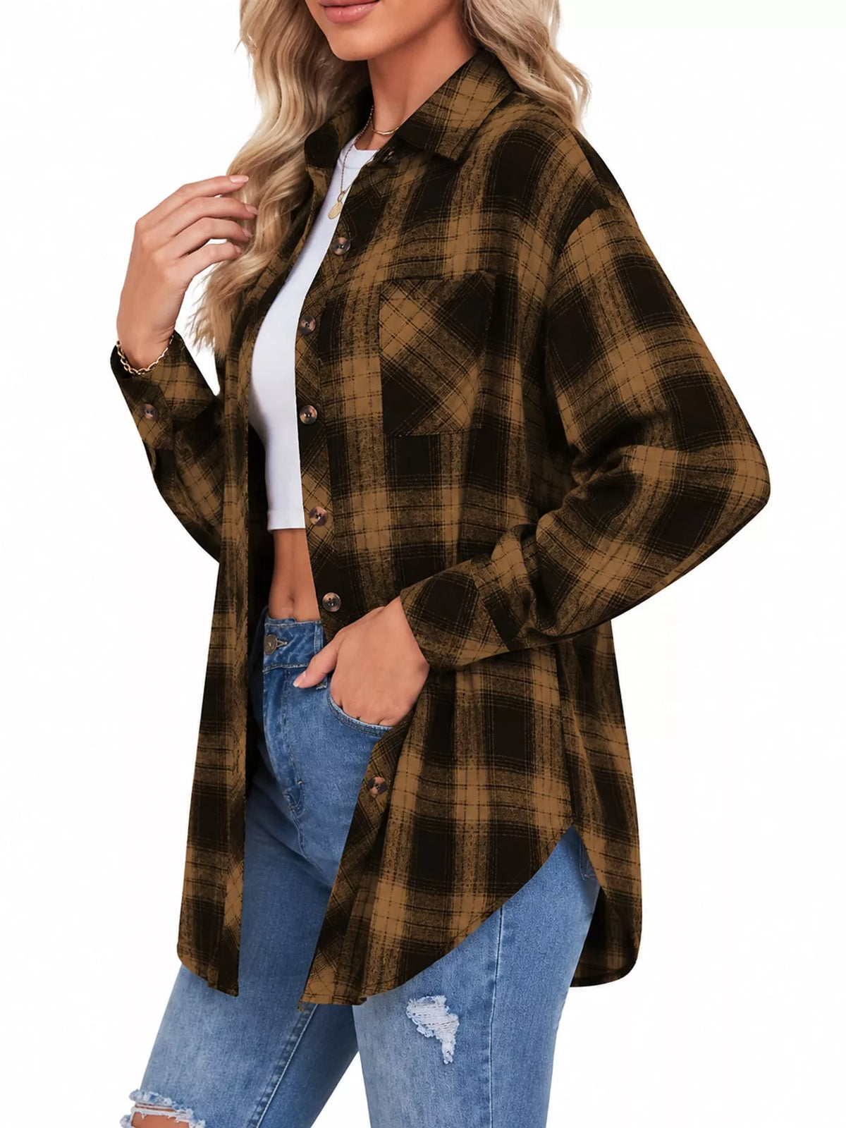 Oversized plaid shirt, brown plaid side