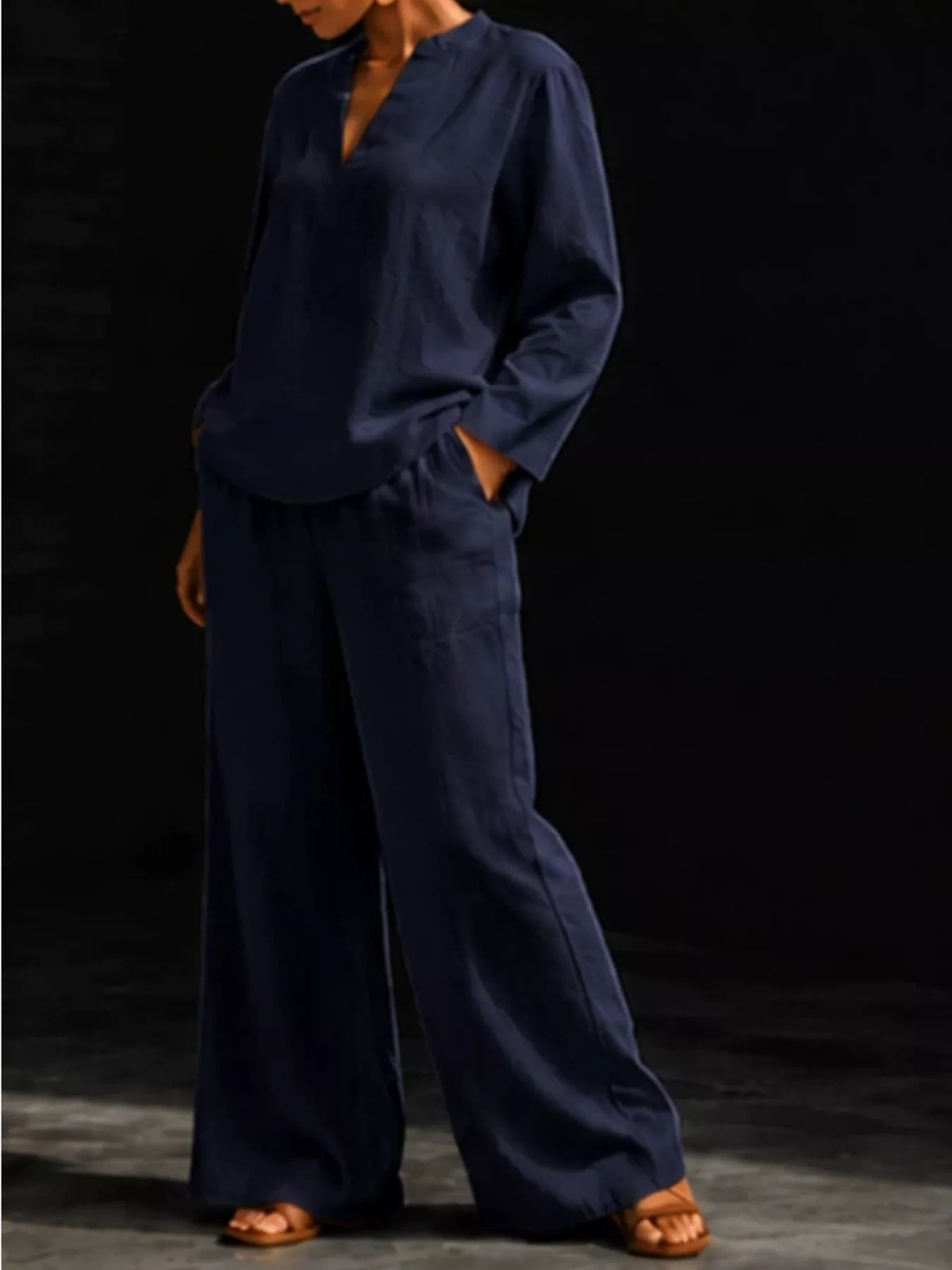 Trendsi Notched Long Sleeve Top and Pants Set -