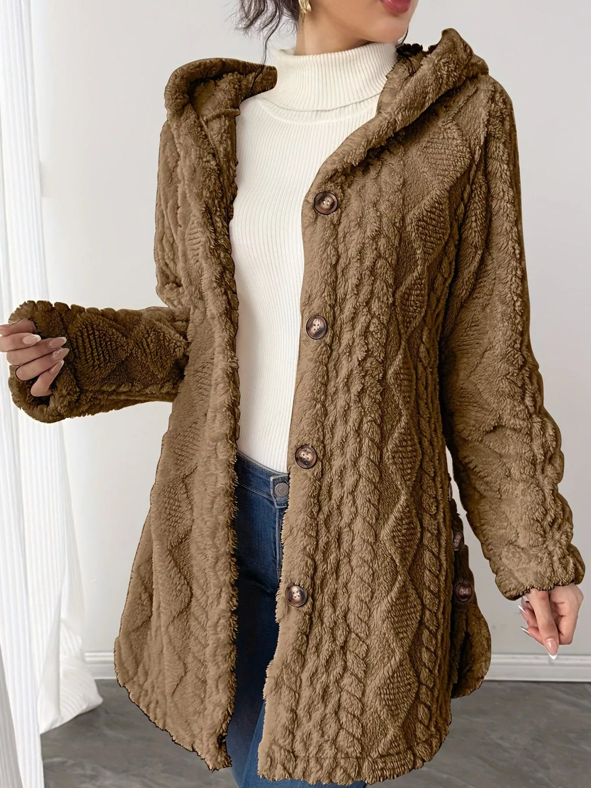 Camel cable knit faux fur hooded jacket