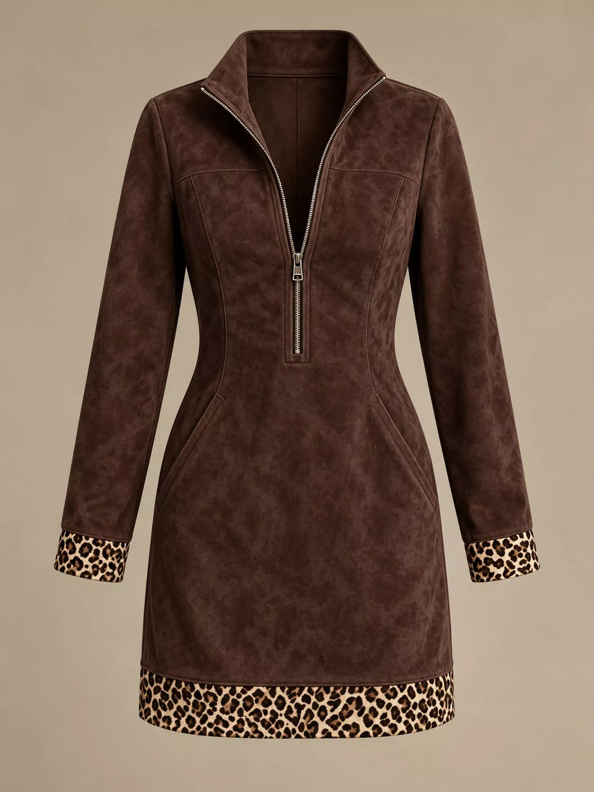 Leopard Trim Half-Zip Mini Dress — garment front