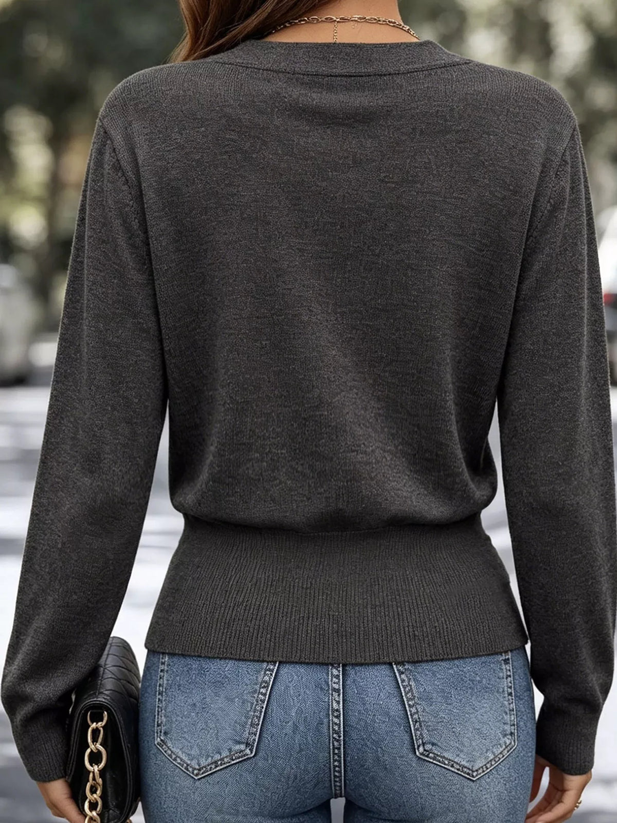 Surplice knit top, gray back