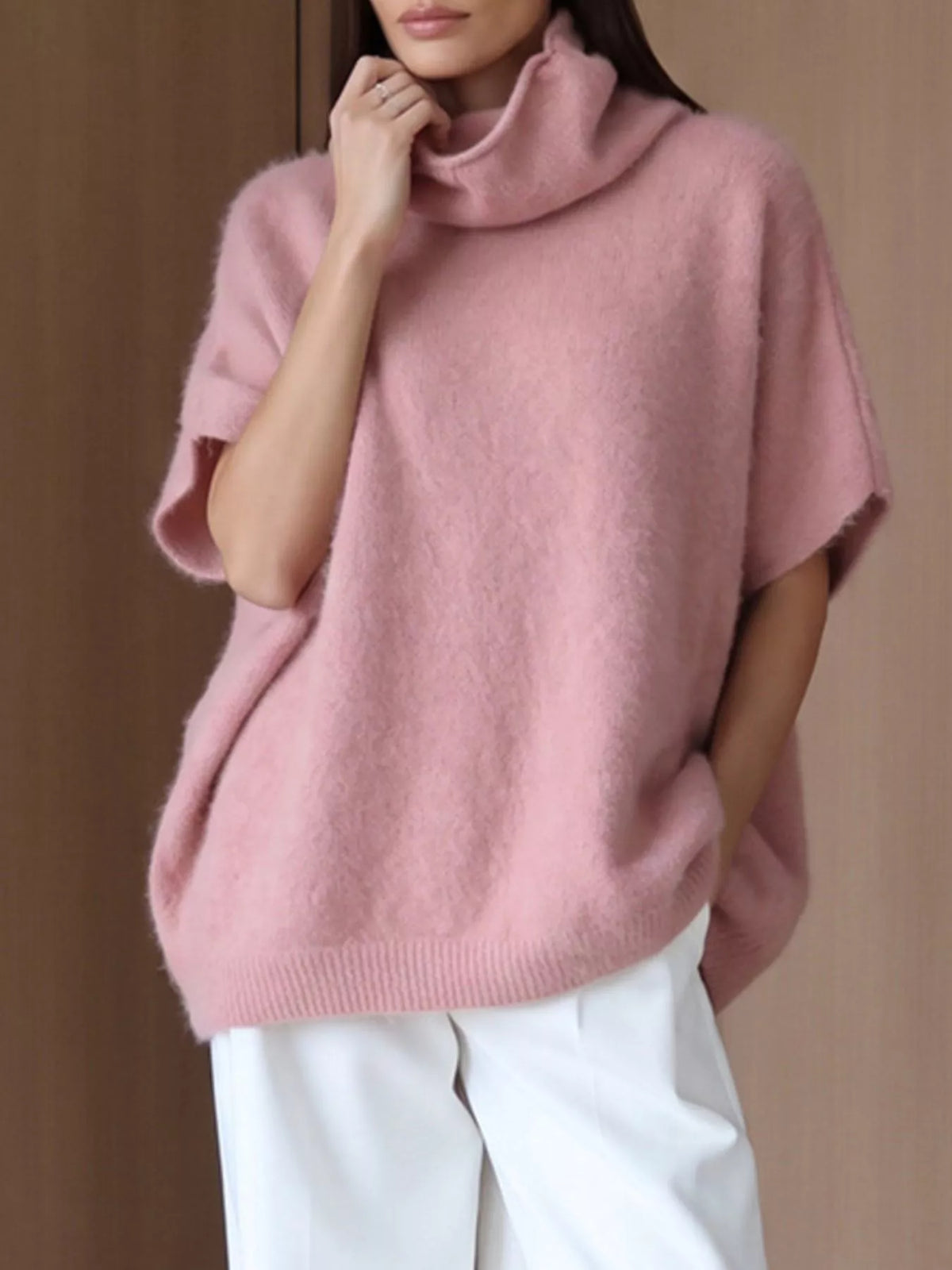 Fuzzy short-sleeve turtleneck sweater in pink, neckline view