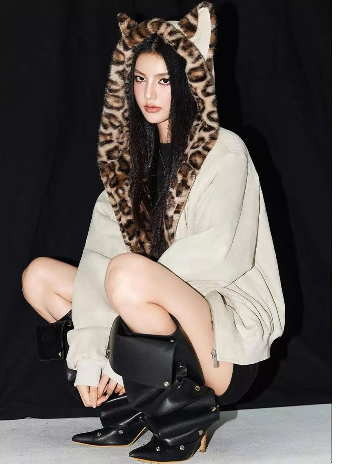 Leopard-Trim Faux Fur Hooded Zip-Up Jacket in off-white, front view