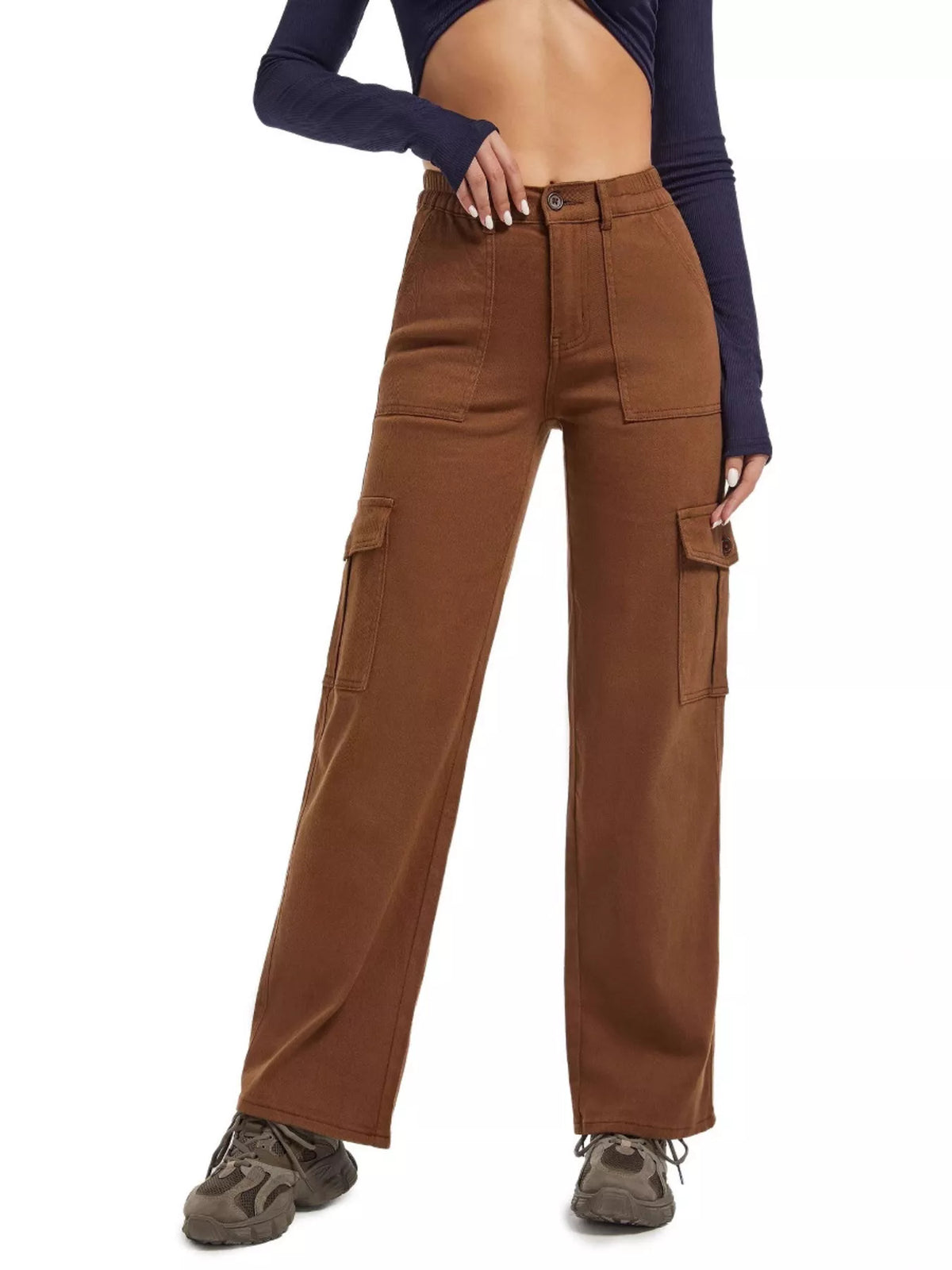 Brown wide-leg cargo jeans, front view