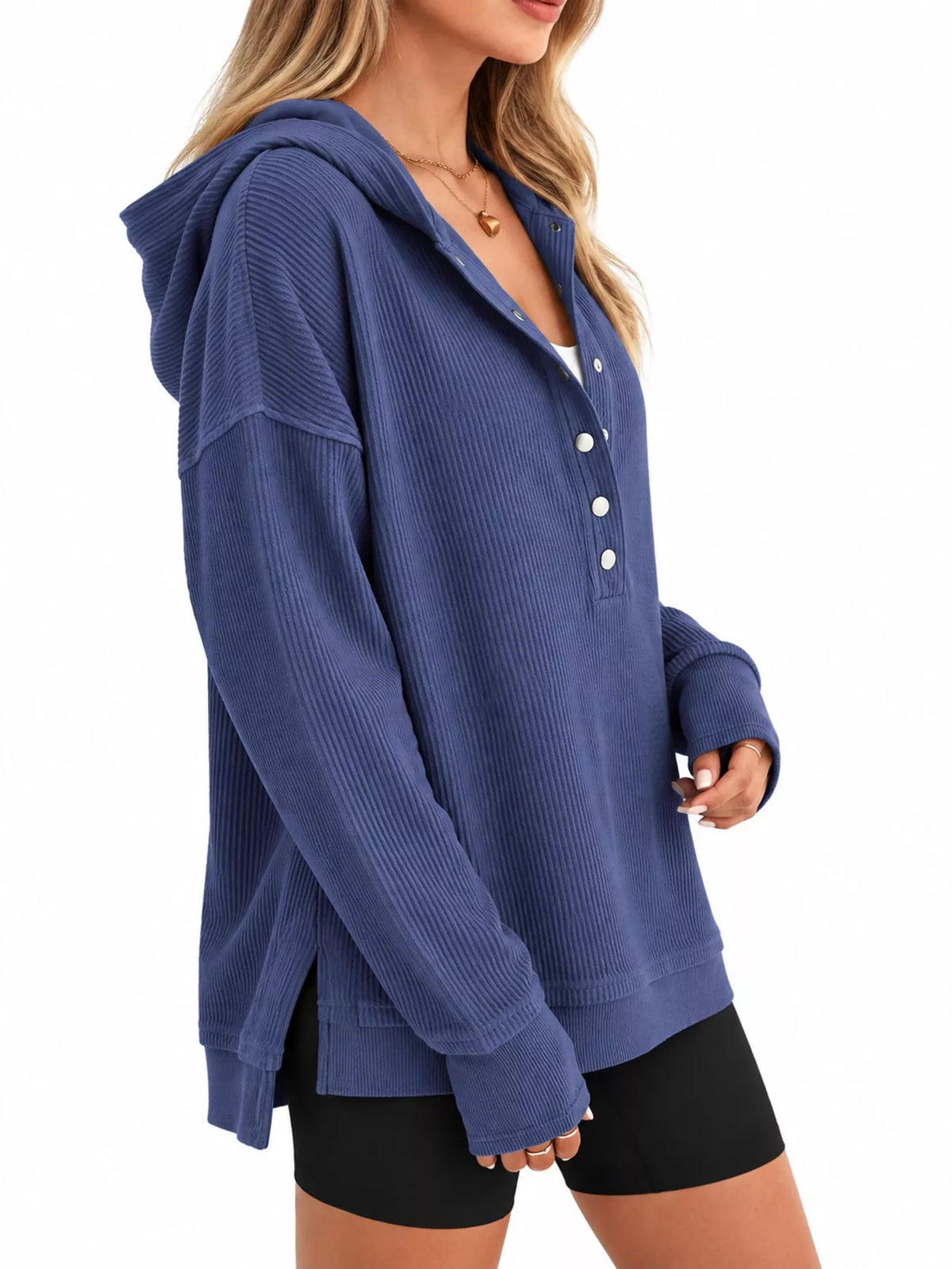 Women's Snap Button Placket Dropped Shoulder Hoodie in blue — side view