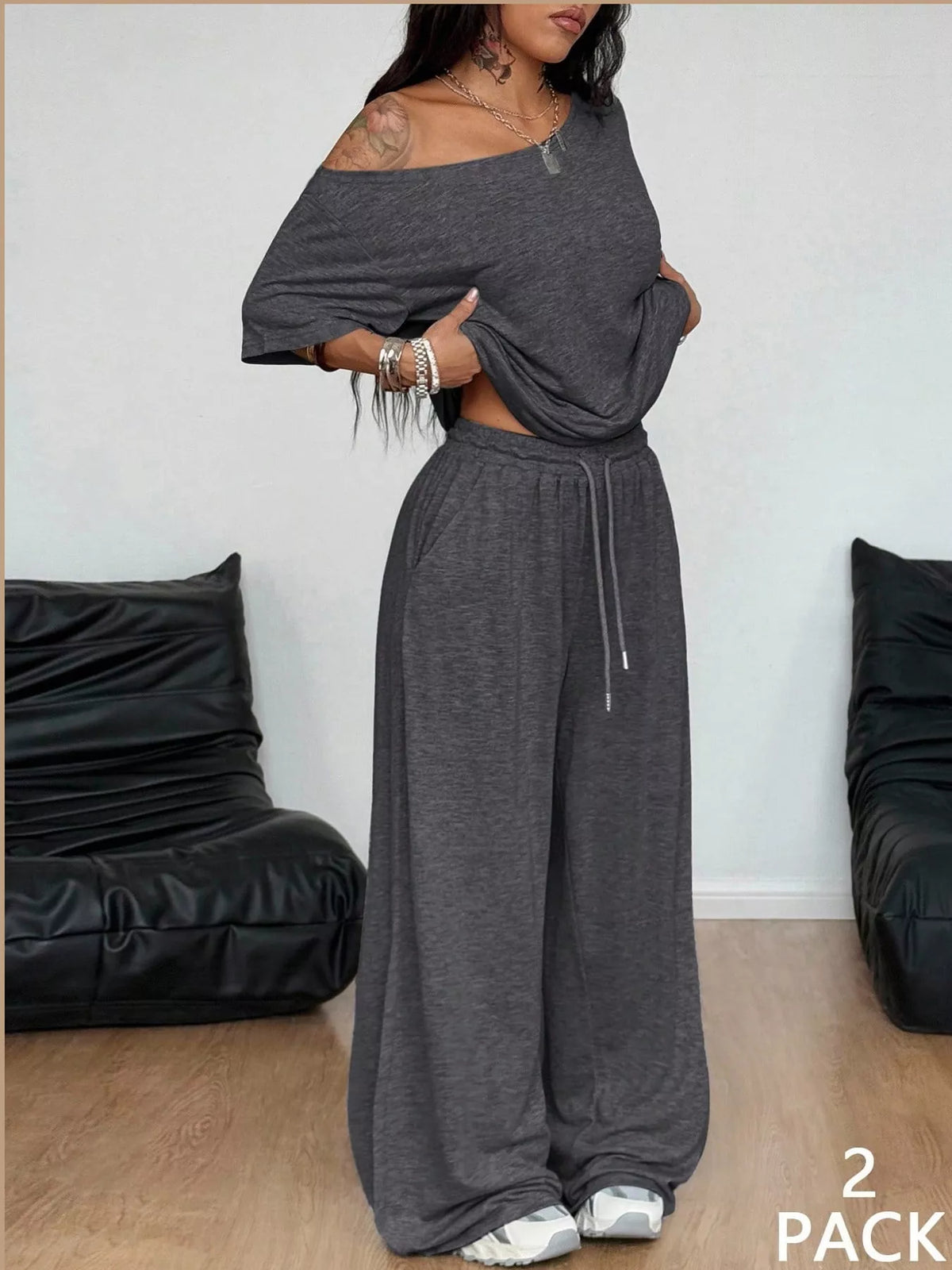 Dark gray boat neck top and wide-leg pants set — front view