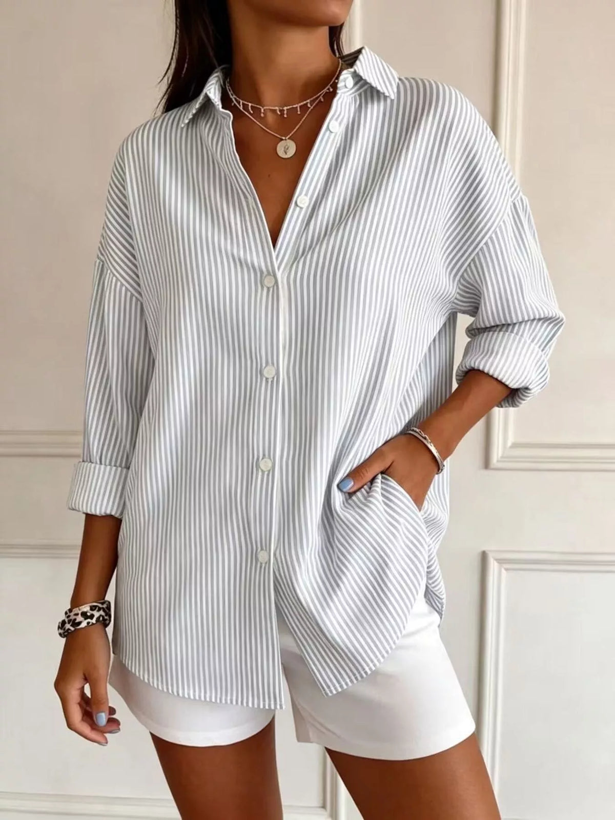 Light blue striped long sleeve shirt, button-front and rolled sleeves