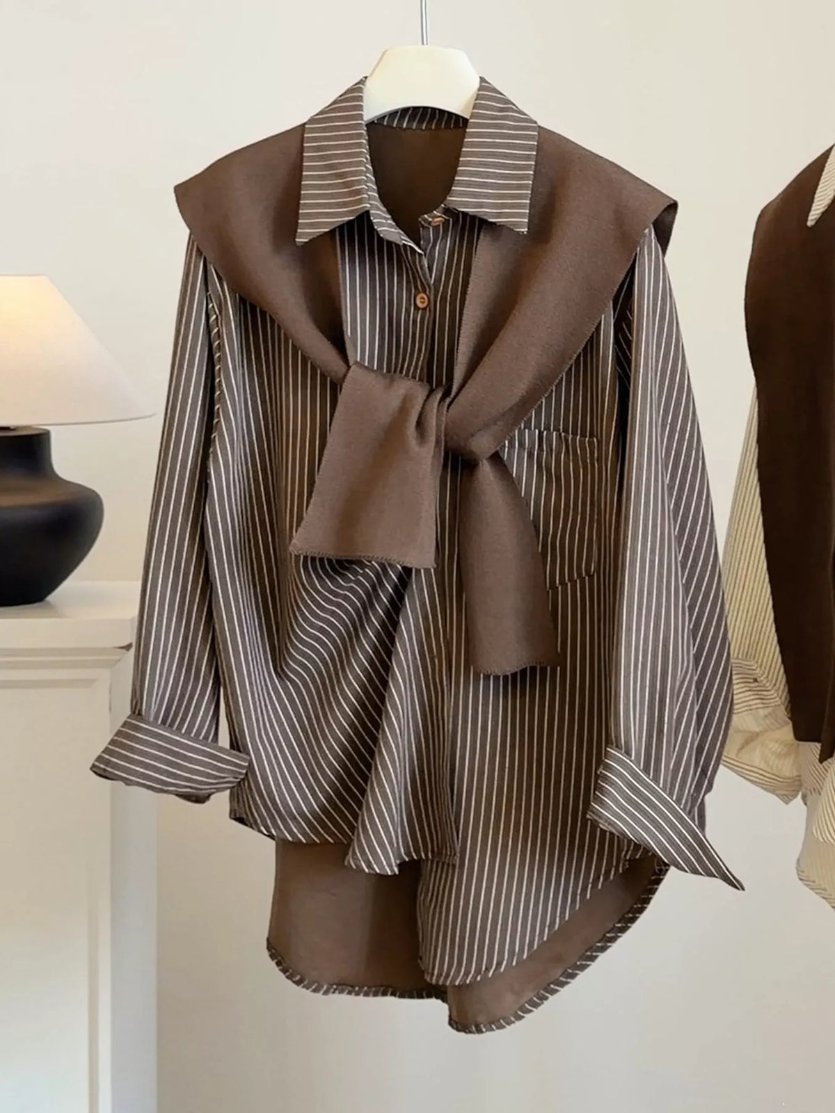Striped High-Low Shirt with Knit Shawl — garment front